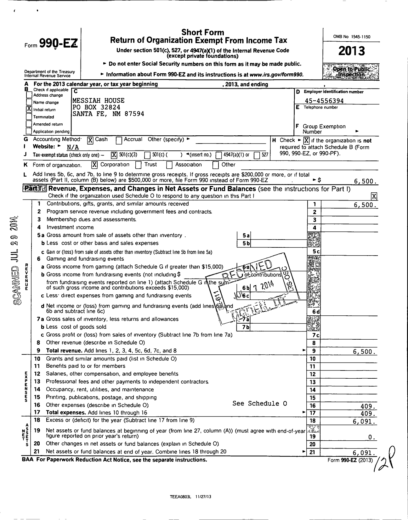 Image of first page of 2013 Form 990EZ for Messiah House