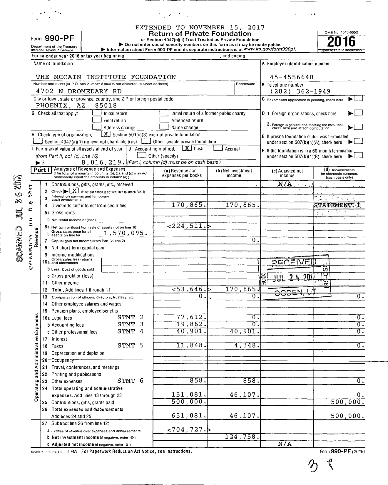 Image of first page of 2016 Form 990PF for The Mccain Institute Foundation