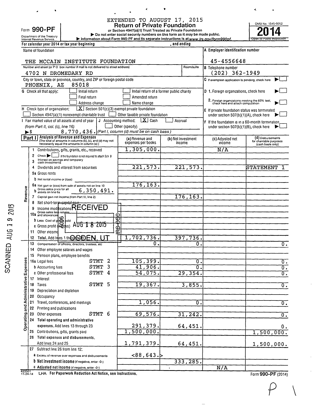 Image of first page of 2014 Form 990PF for The Mccain Institute Foundation