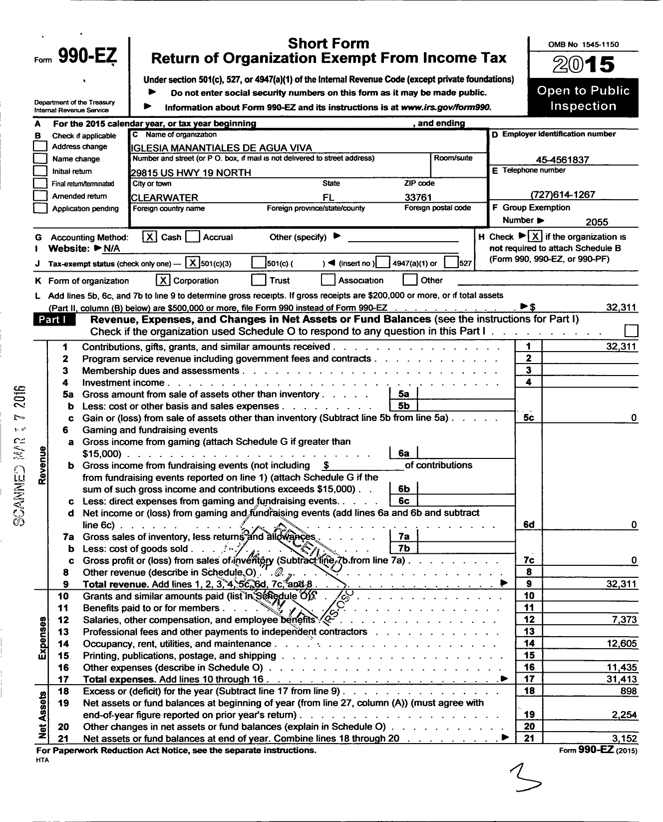 Image of first page of 2015 Form 990EZ for Iglesia Manantiales de Agua Viva Corporation