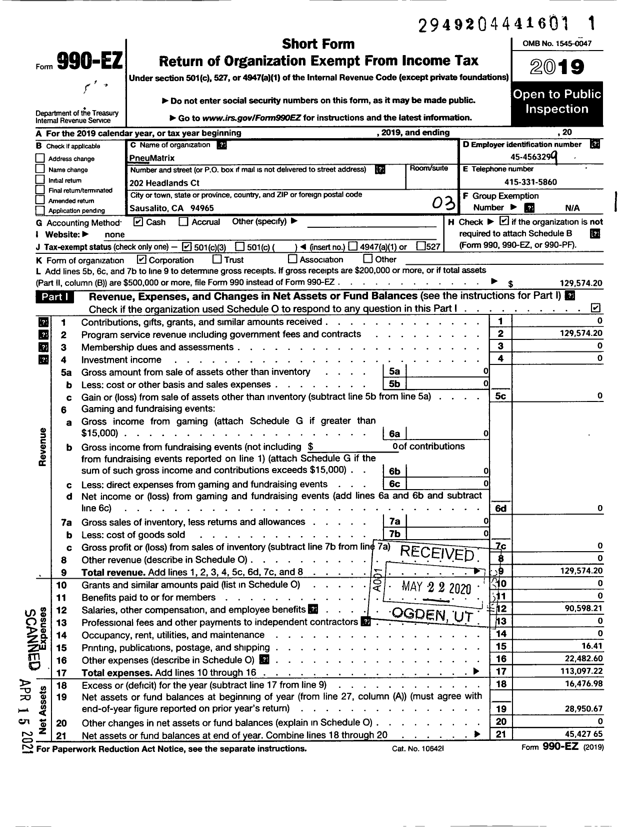 Image of first page of 2019 Form 990EZ for Pneumatrix