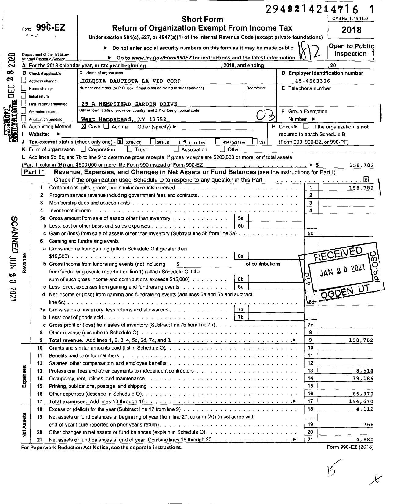 Image of first page of 2018 Form 990EZ for Iglesia Bautista La Vid Corporation