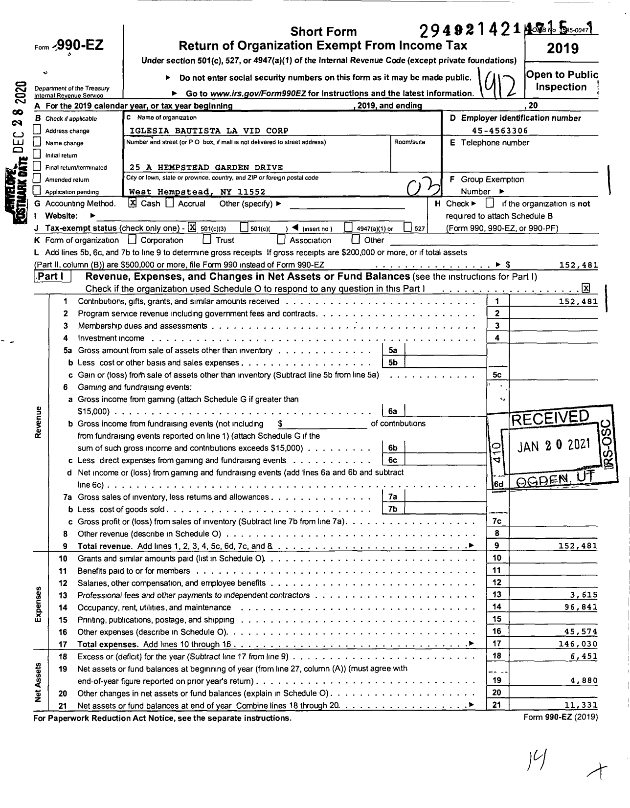 Image of first page of 2019 Form 990EZ for Iglesia Bautista La Vid Corporation