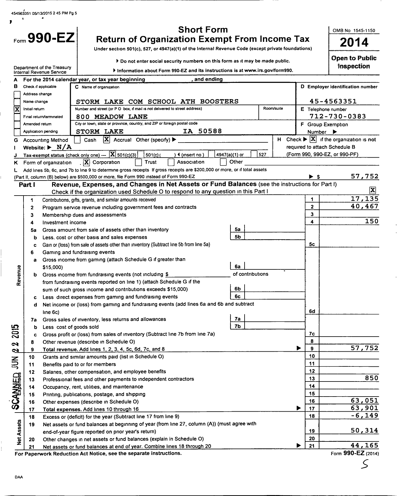 Image of first page of 2014 Form 990EZ for Storm Lake Community School Athletic Boosters