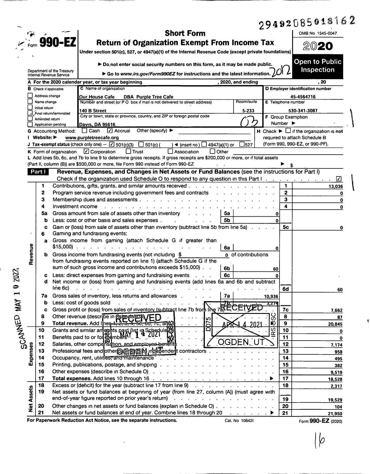 Image of first page of 2020 Form 990EZ for Purple Tree Cafe