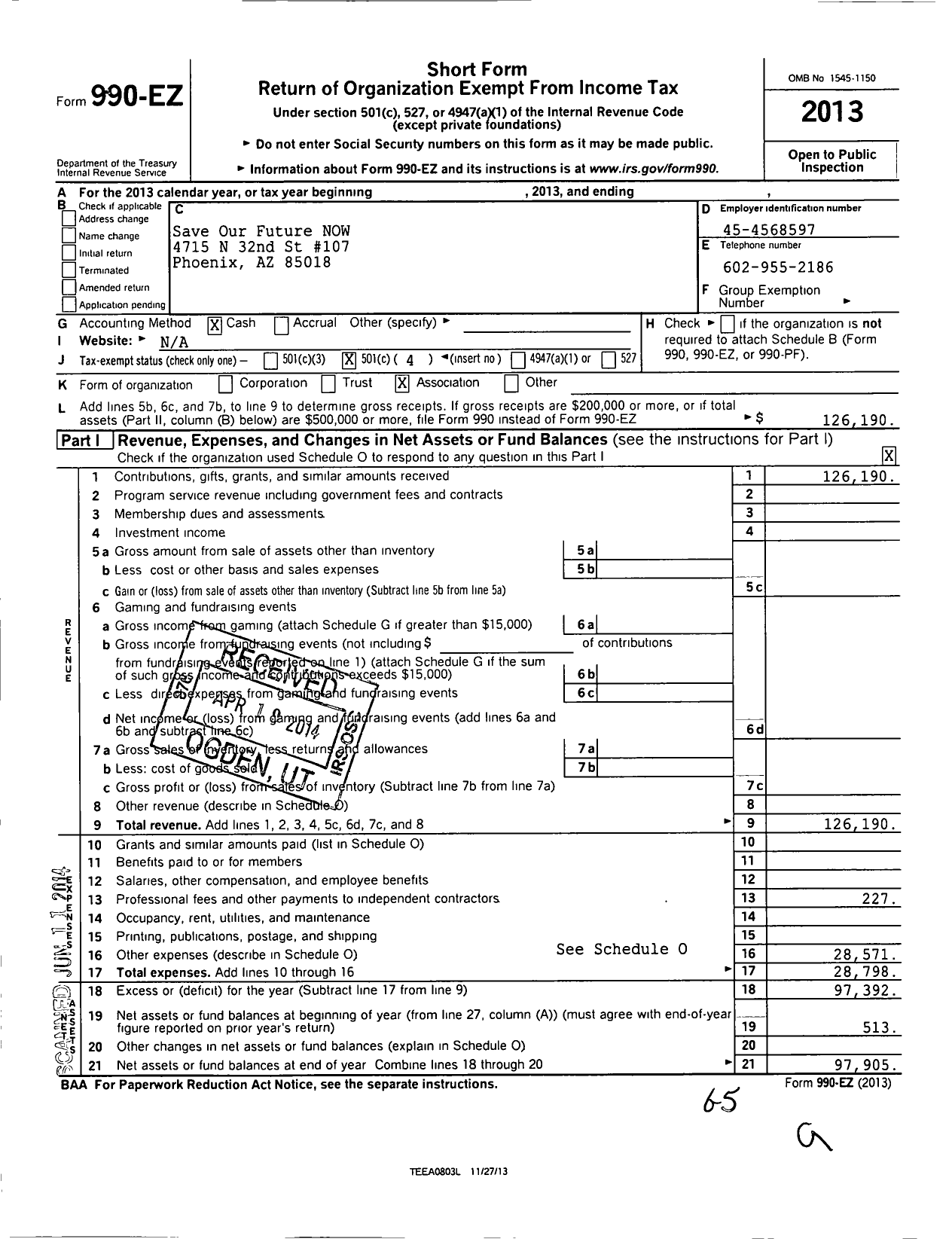 Image of first page of 2013 Form 990EO for Priority Az Formally Save Our Future Now