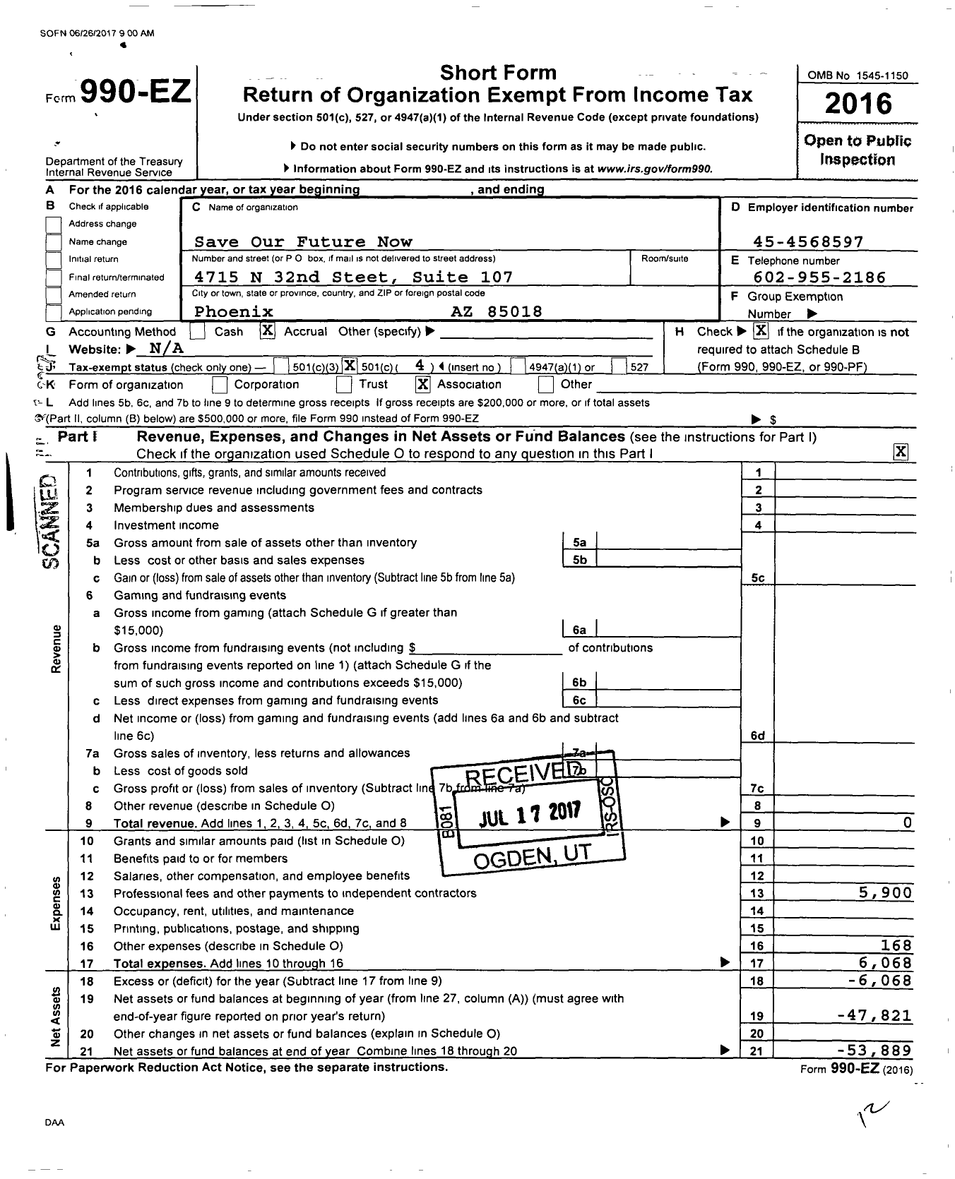 Image of first page of 2016 Form 990EO for Priority Az Formally Save Our Future Now