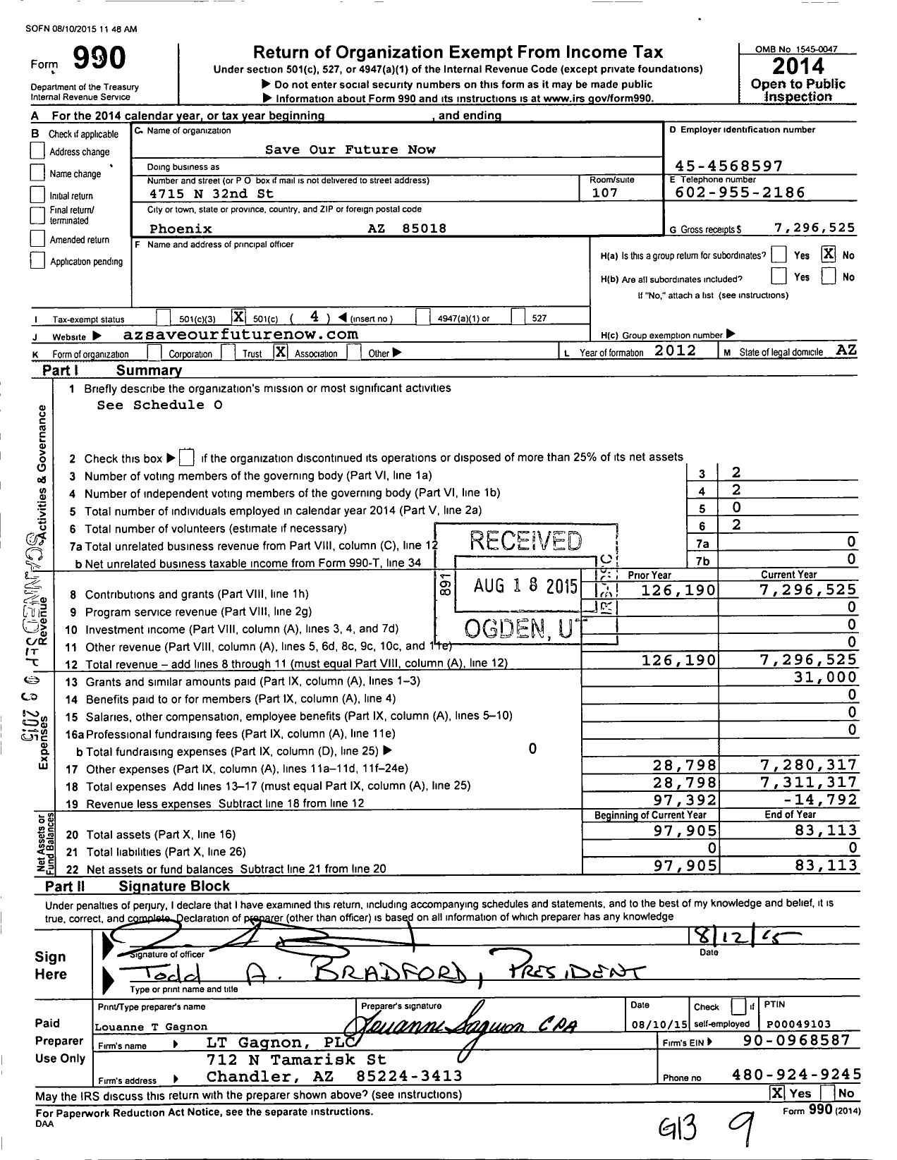 Image of first page of 2014 Form 990O for Priority Az Formally Save Our Future Now