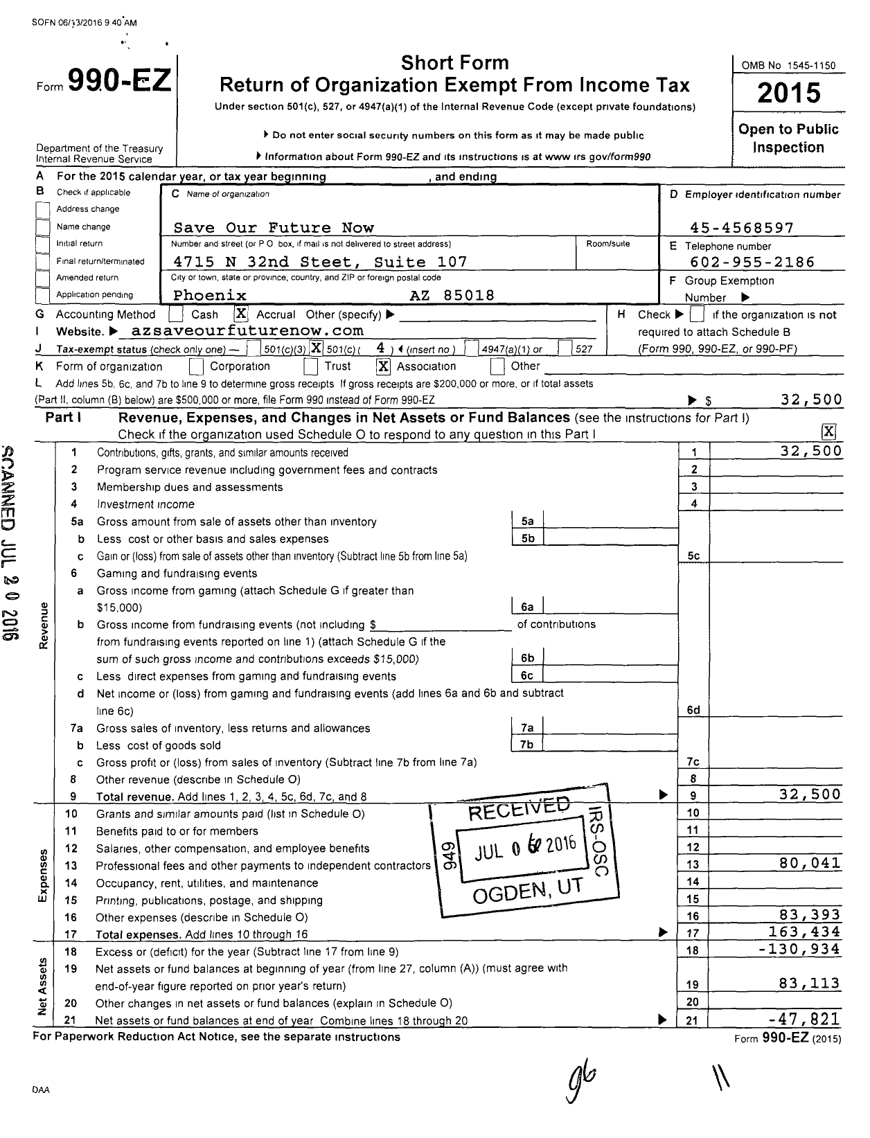 Image of first page of 2015 Form 990EO for Priority Az Formally Save Our Future Now