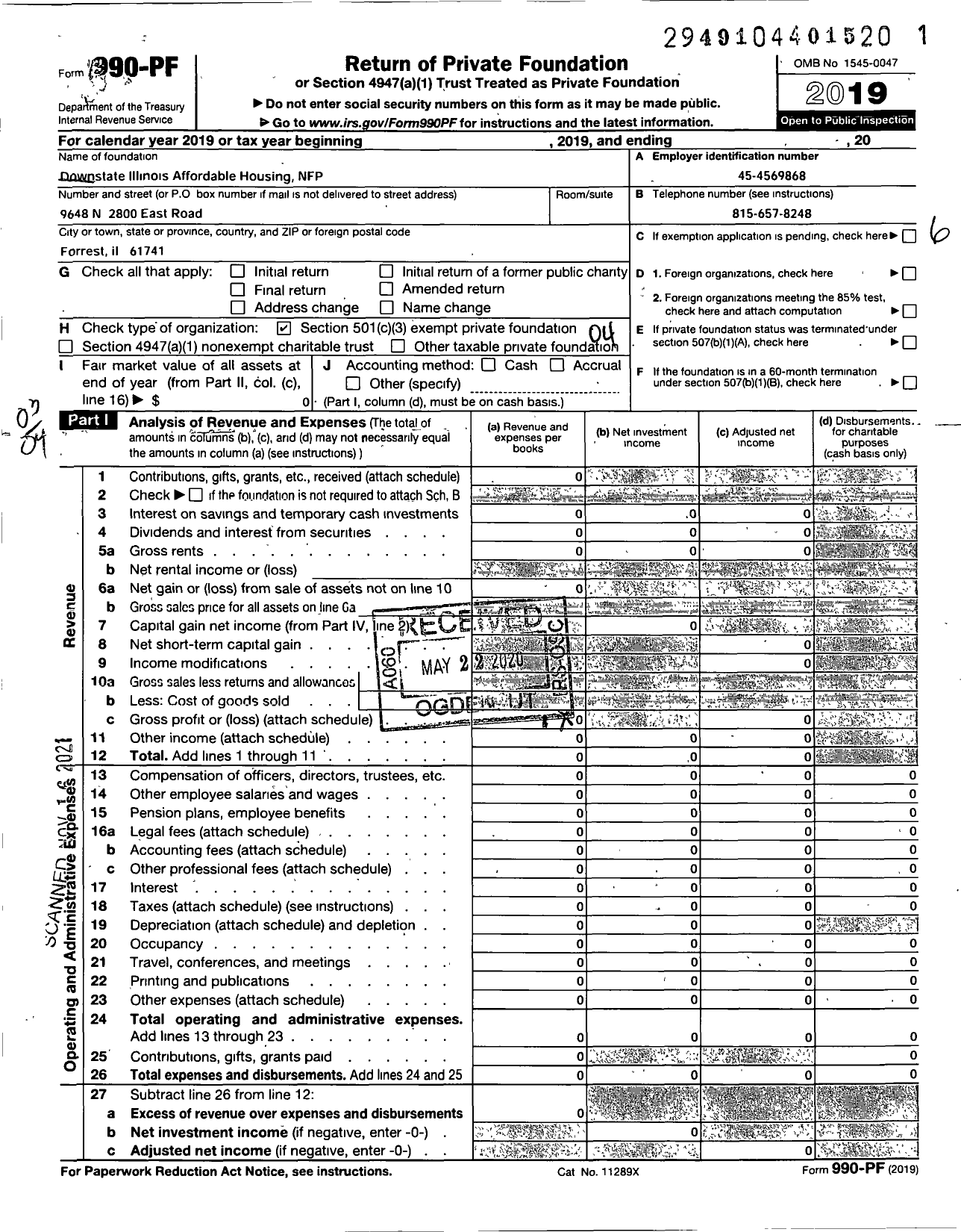 Image of first page of 2019 Form 990PF for Downstate Illinois Affordable Housing NFP