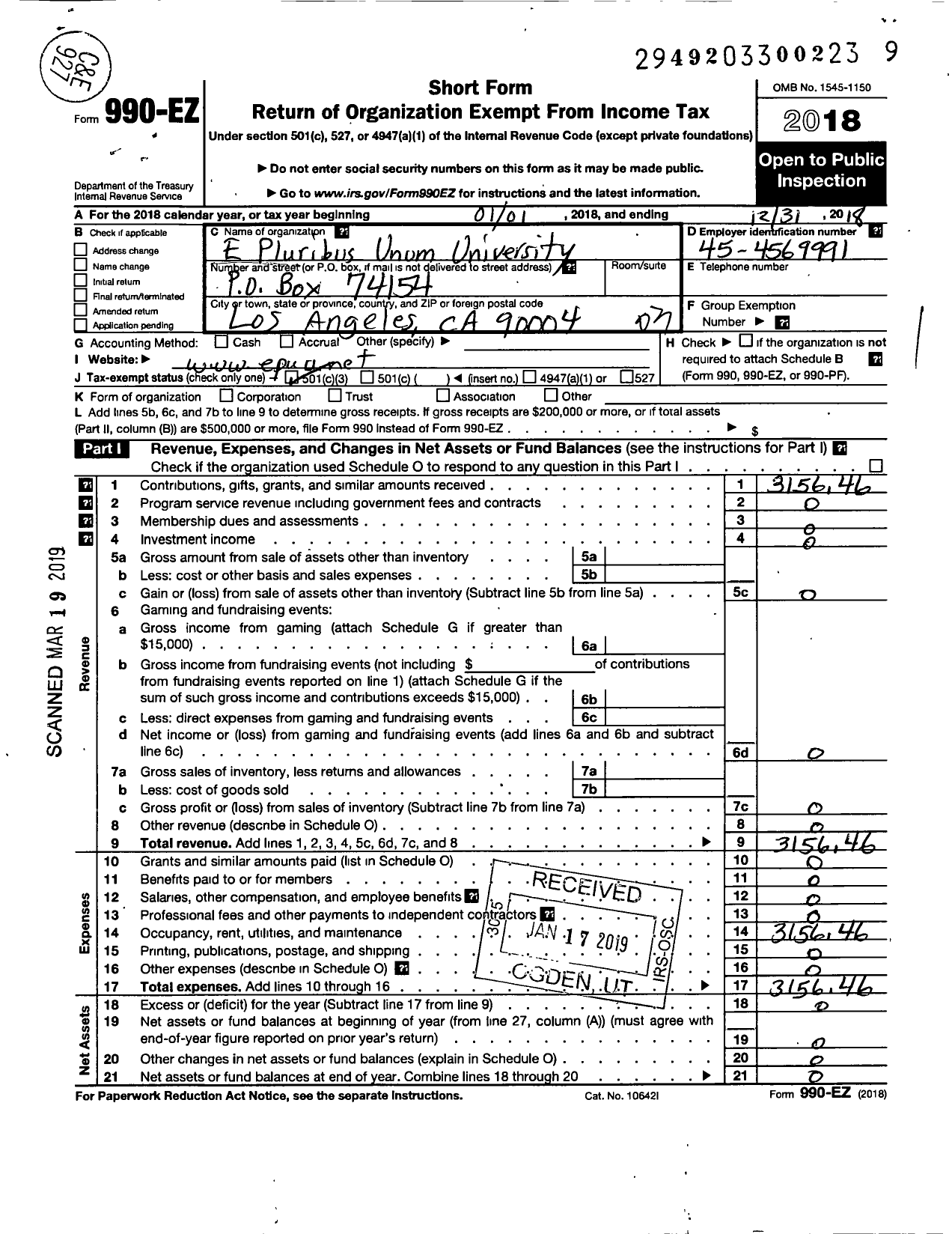 Image of first page of 2018 Form 990EZ for E Pluribus Unum University
