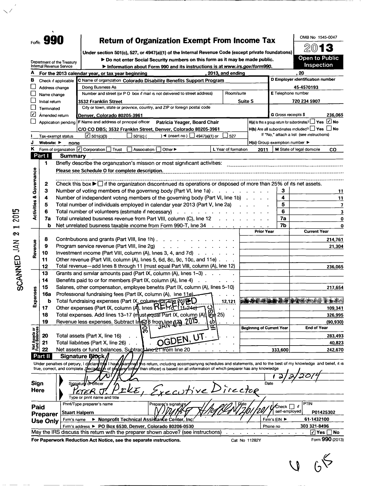 Image of first page of 2013 Form 990 for Colorado Disability Benefits Support Program