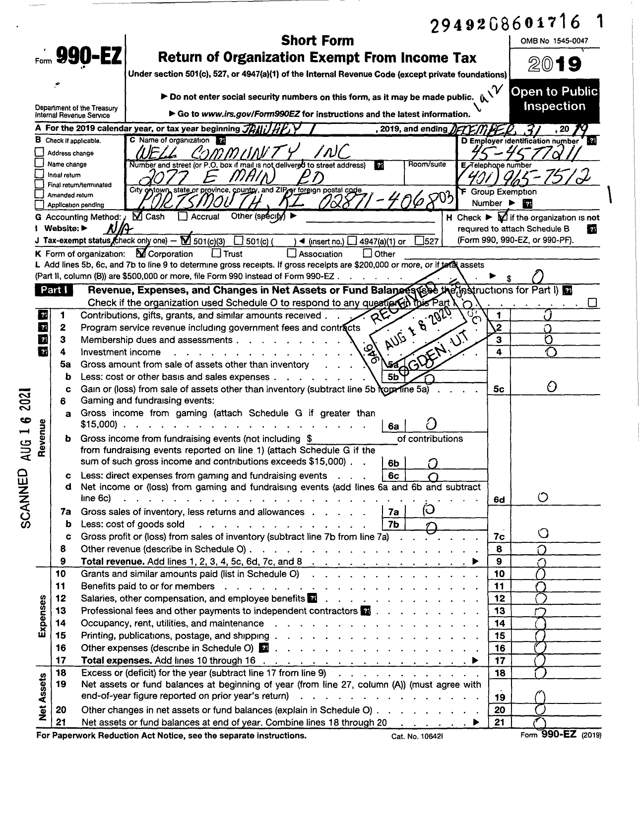 Image of first page of 2019 Form 990EZ for Wellcommunity