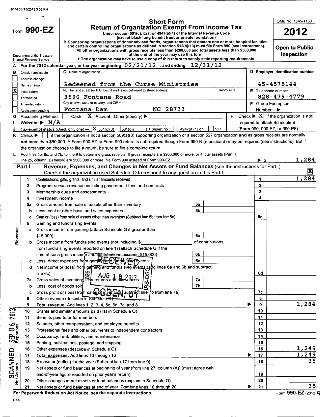 Image of first page of 2012 Form 990EZ for Redeemed From the Curse Ministries