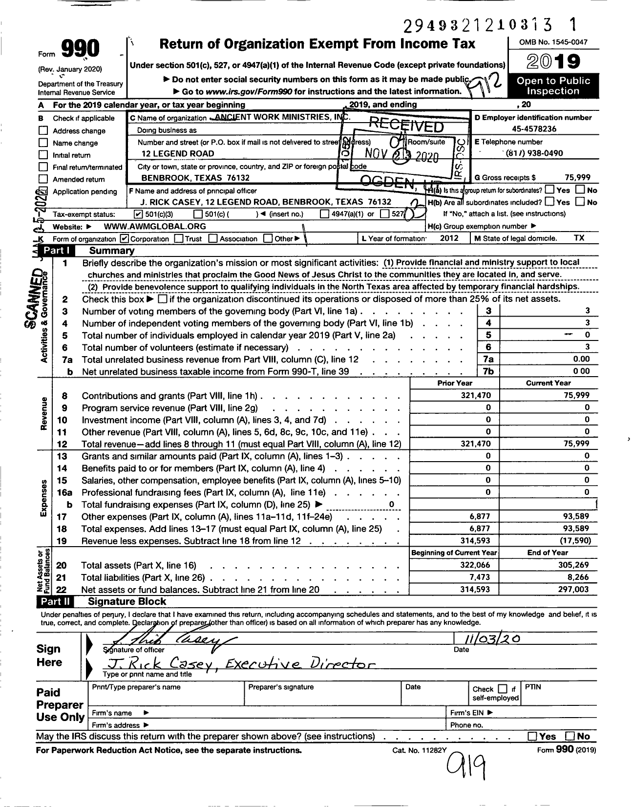 Image of first page of 2019 Form 990 for Ancient Work Ministries