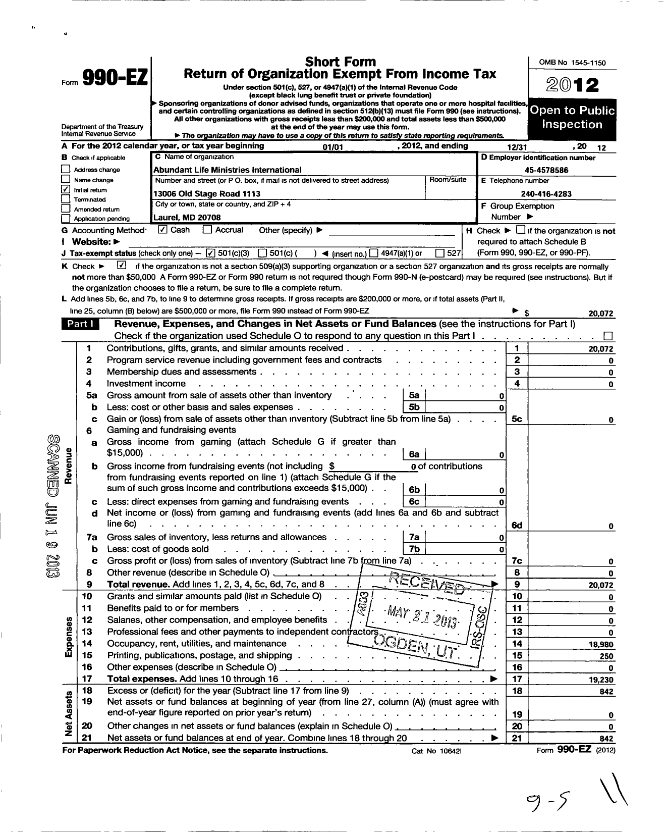 Image of first page of 2012 Form 990EZ for Abundant Life Ministries International