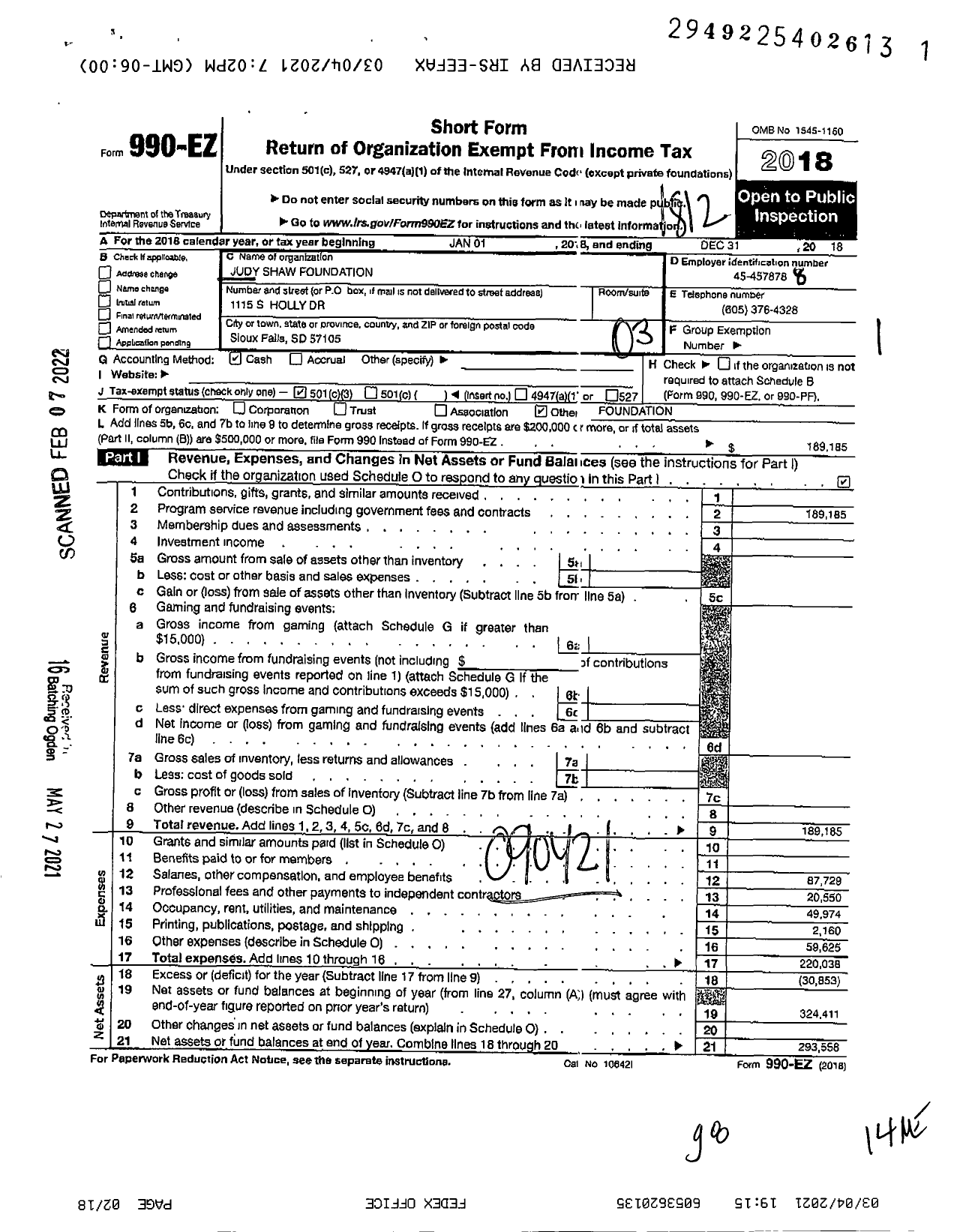 Image of first page of 2018 Form 990EZ for Judy Shaw Foundation