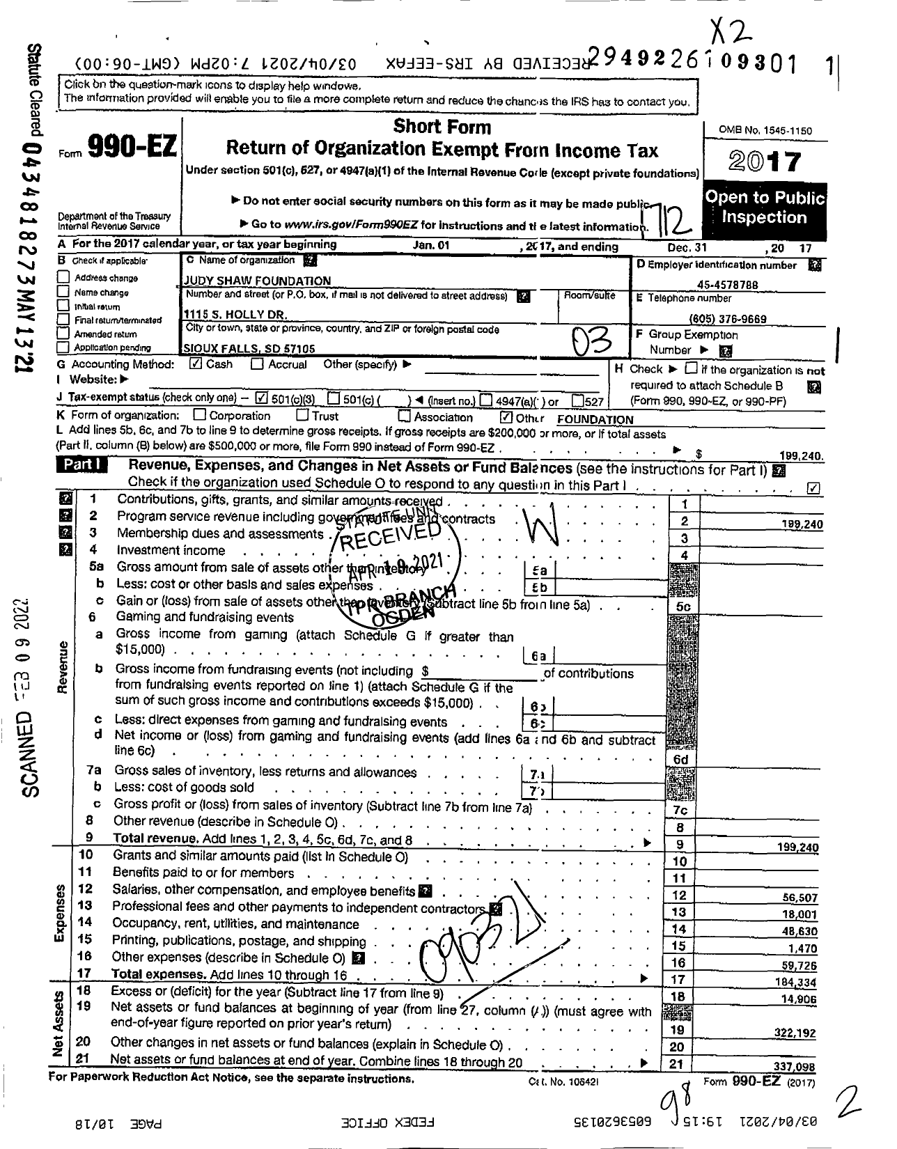 Image of first page of 2017 Form 990EZ for Judy Shaw Foundation