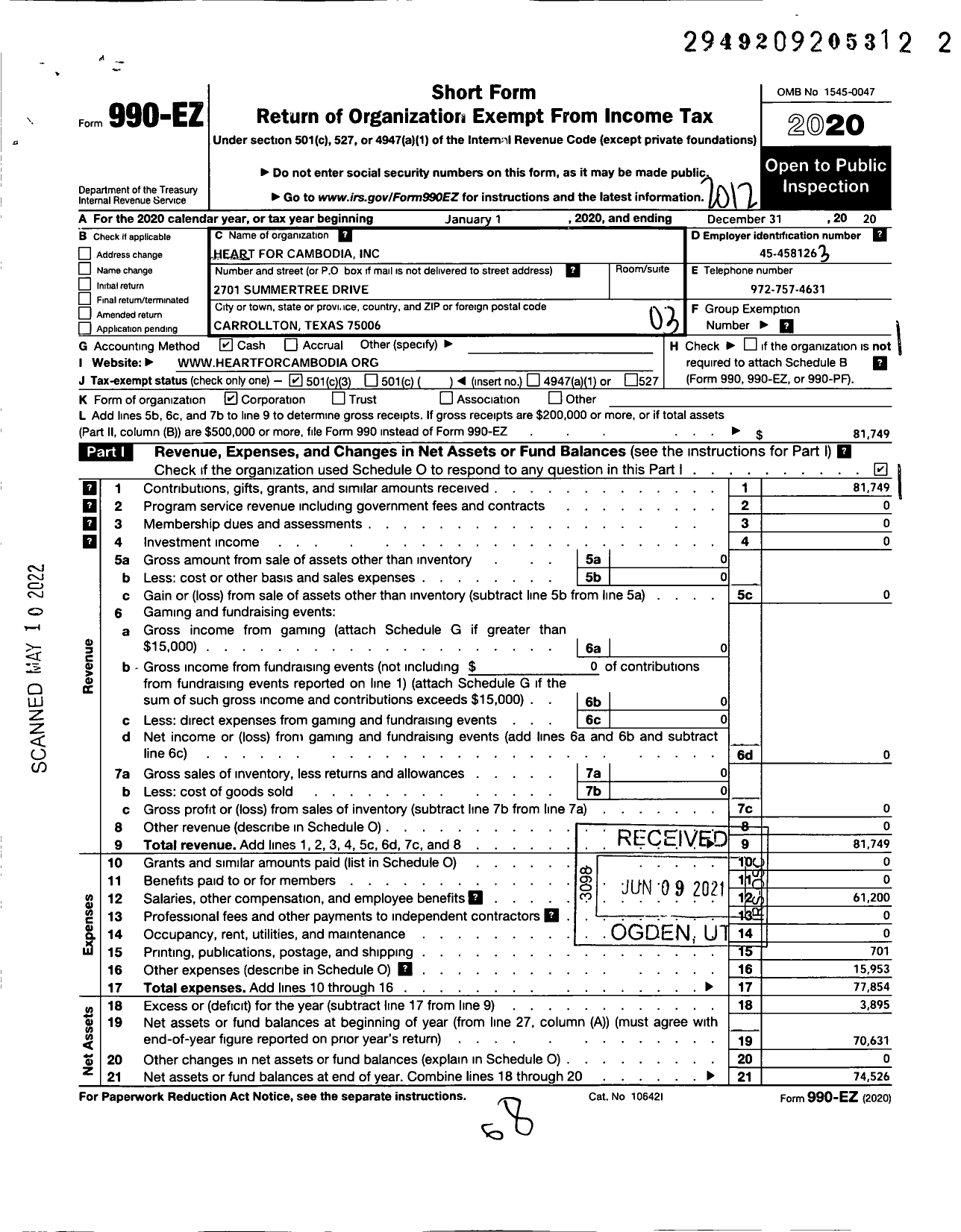 Image of first page of 2020 Form 990EZ for Heart for Cambodia