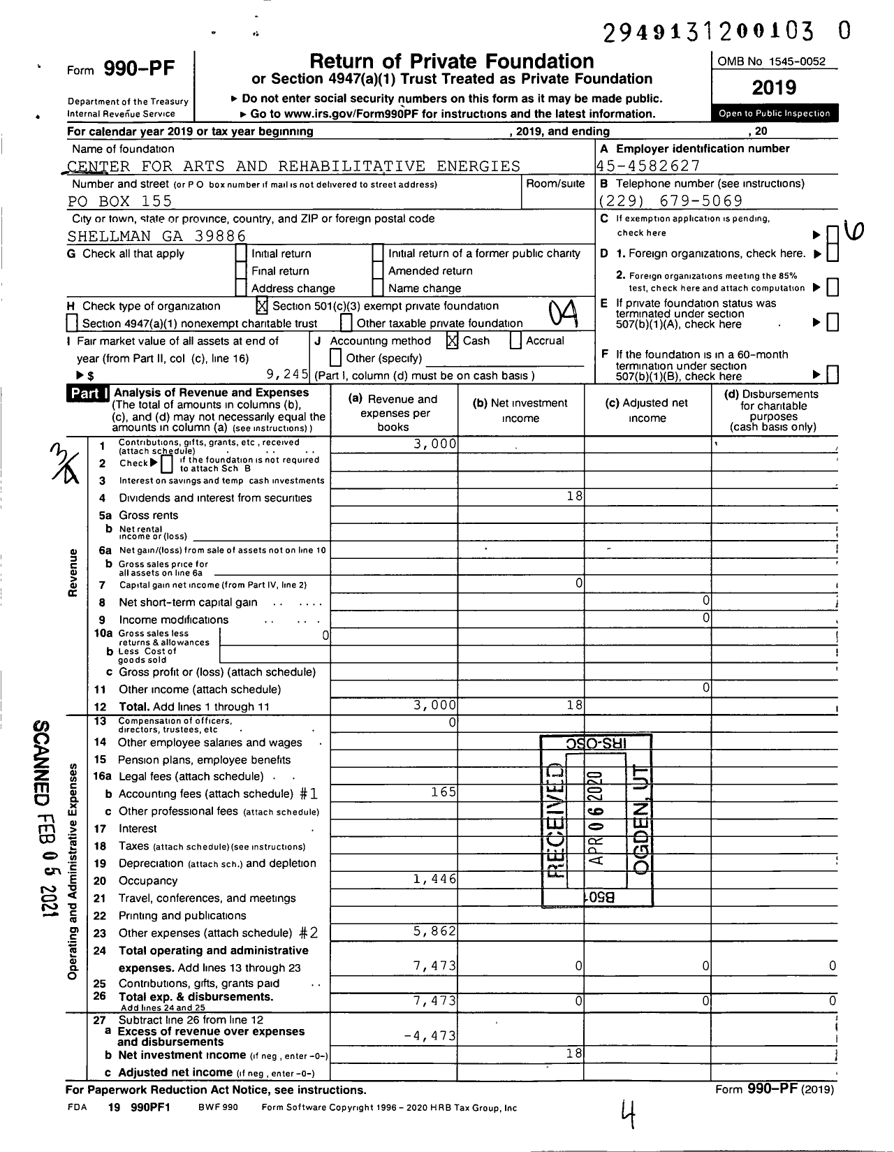 Image of first page of 2019 Form 990PF for Center for Art and Rehabilitative Energies