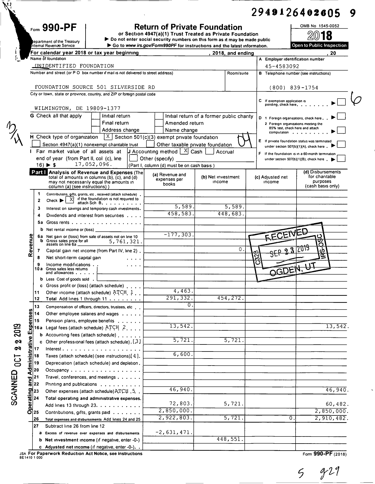 Image of first page of 2018 Form 990PF for Unidentified Foundation