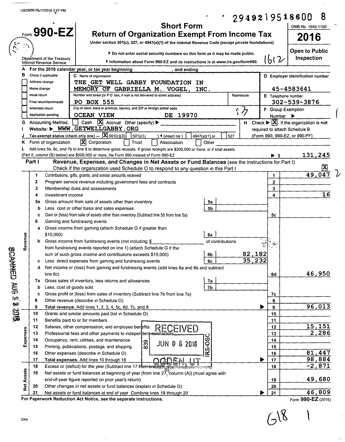 Image of first page of 2016 Form 990EZ for The Get Well Gabby Foundation in Memory of Gabriella M Vogel