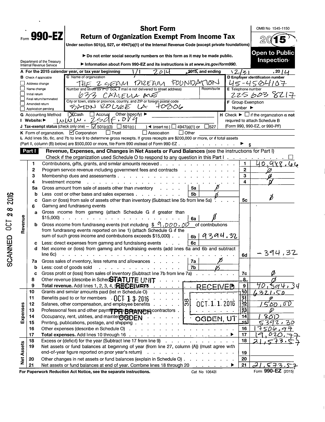 Image of first page of 2014 Form 990EZ for 2 Seam Dream Foundation