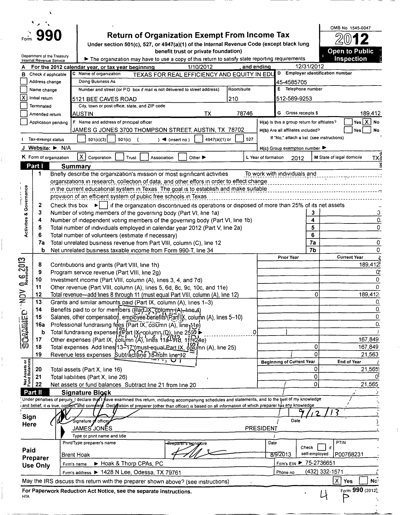 Image of first page of 2012 Form 990O for Texans for Real Efficiency and Equity in Education