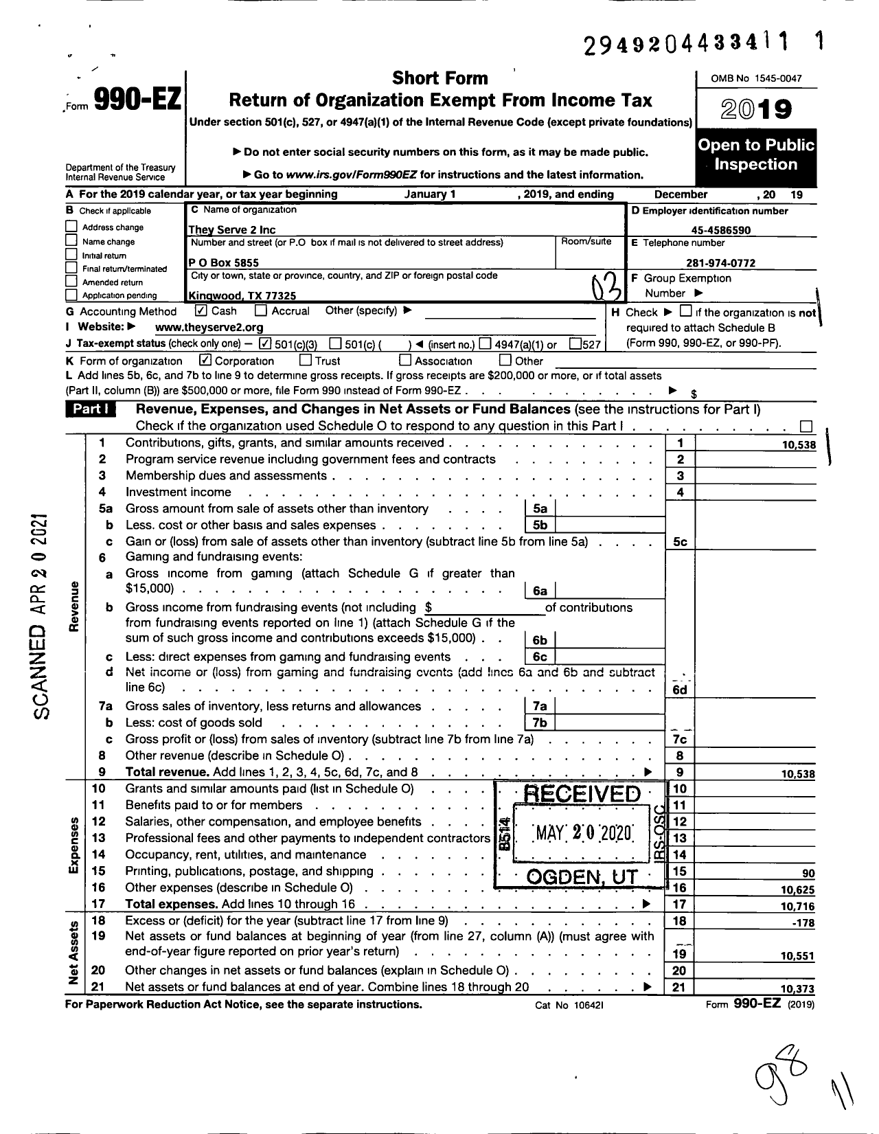 Image of first page of 2019 Form 990EZ for They Serve 2