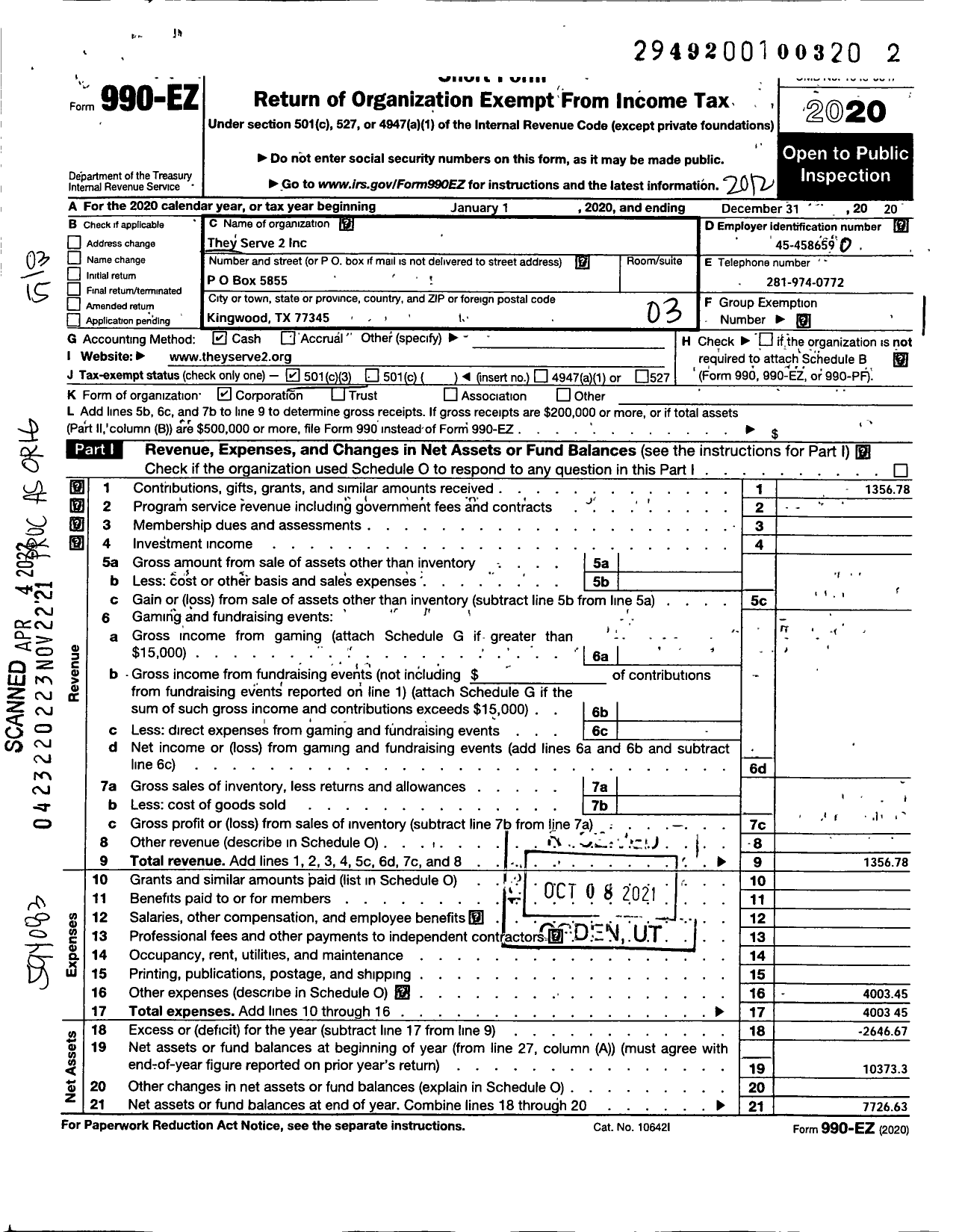 Image of first page of 2020 Form 990EZ for They Serve 2