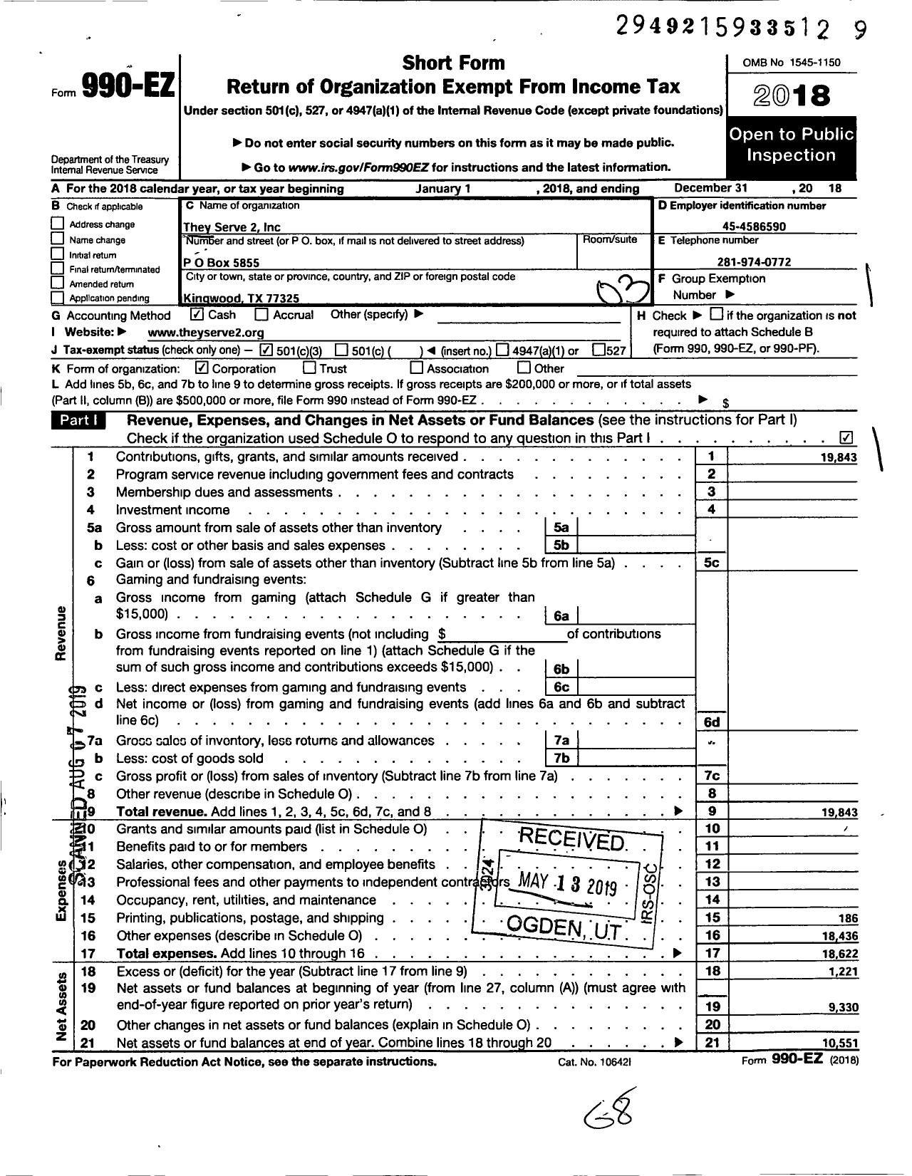 Image of first page of 2018 Form 990EZ for They Serve 2