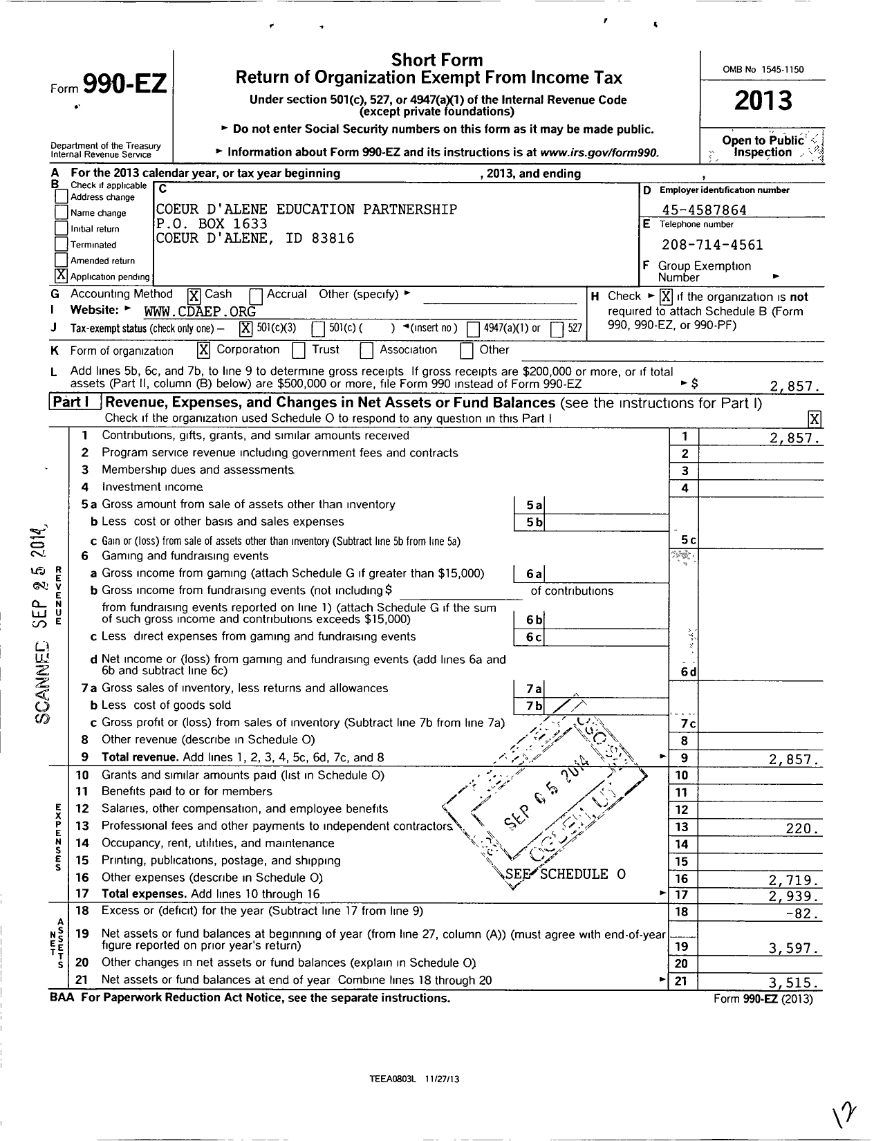 Image of first page of 2013 Form 990EZ for Coeur D Alene Education Partnership
