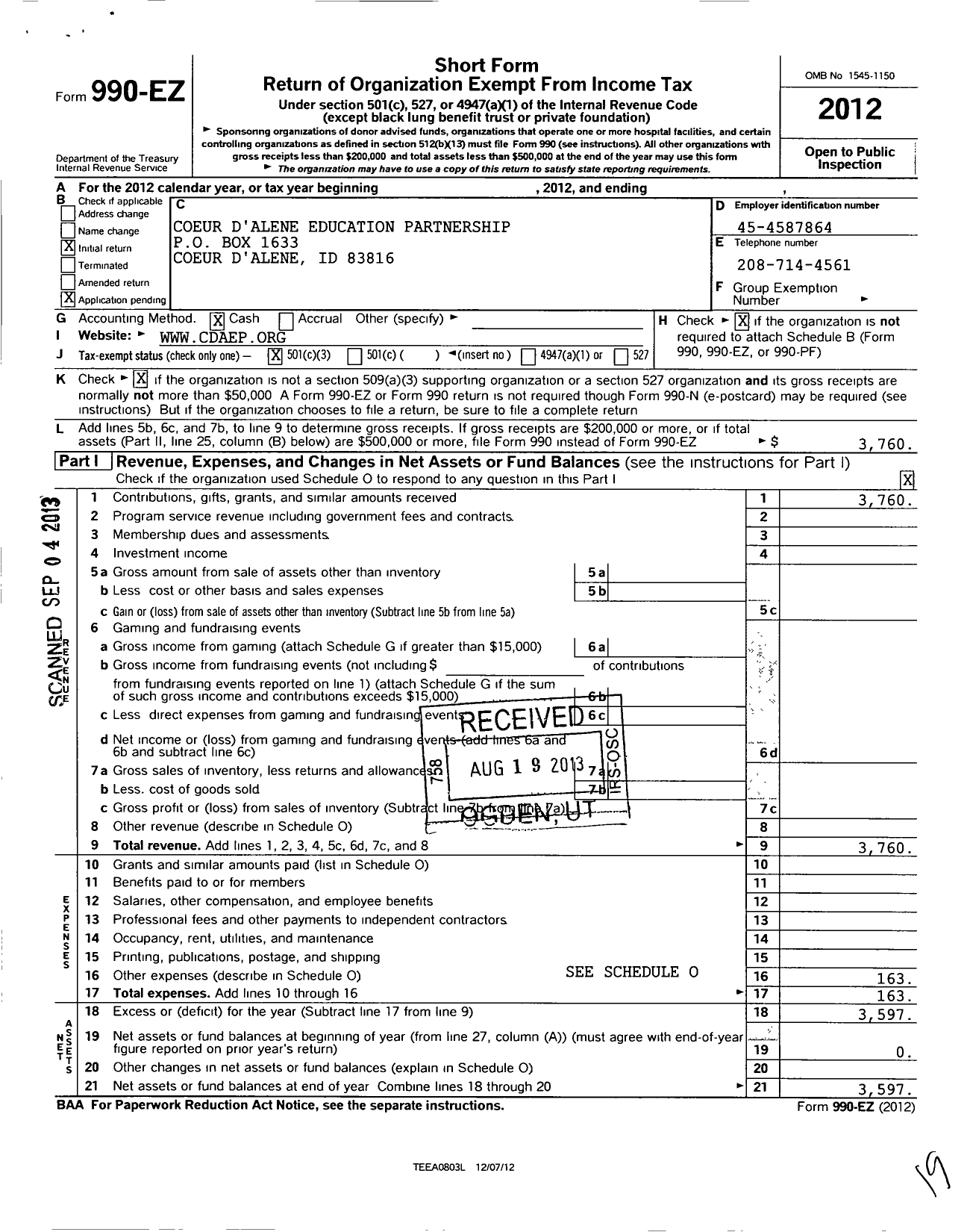 Image of first page of 2012 Form 990EZ for Coeur D Alene Education Partnership