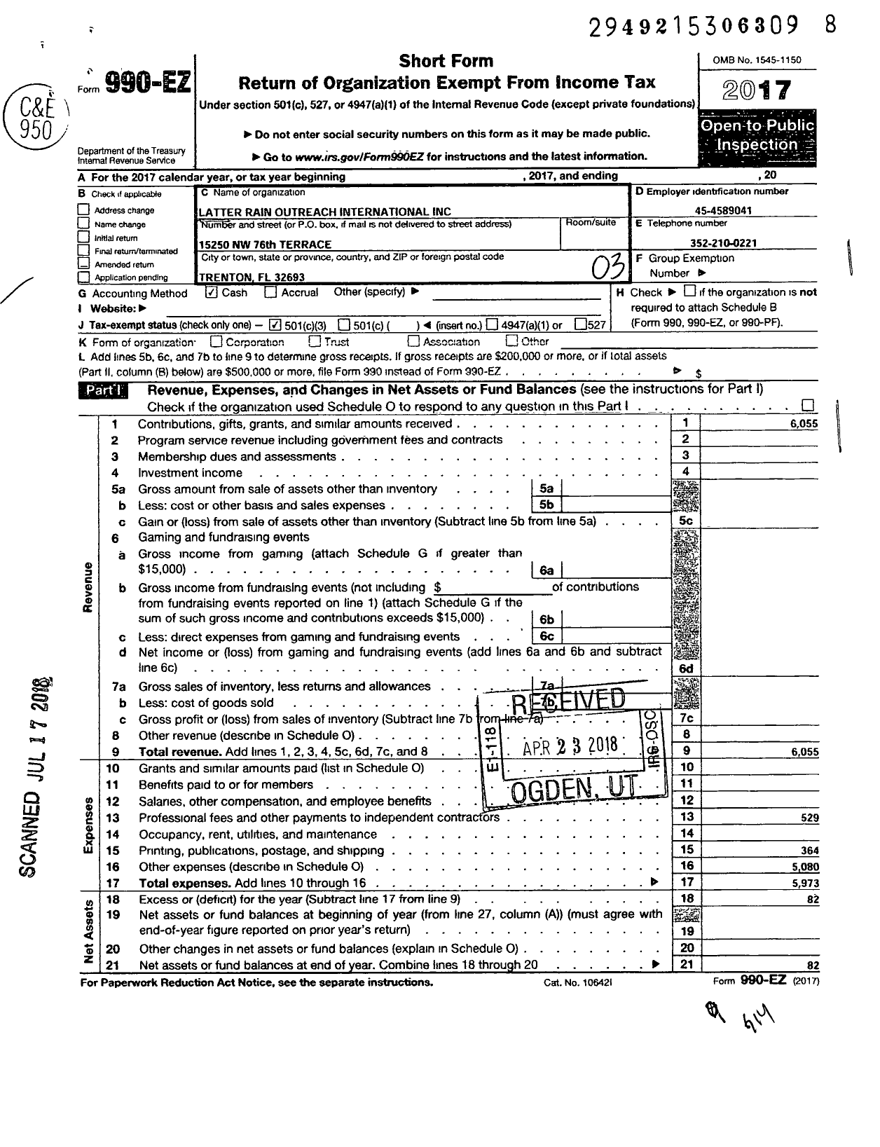 Image of first page of 2017 Form 990EZ for Latter Rain Outreach International