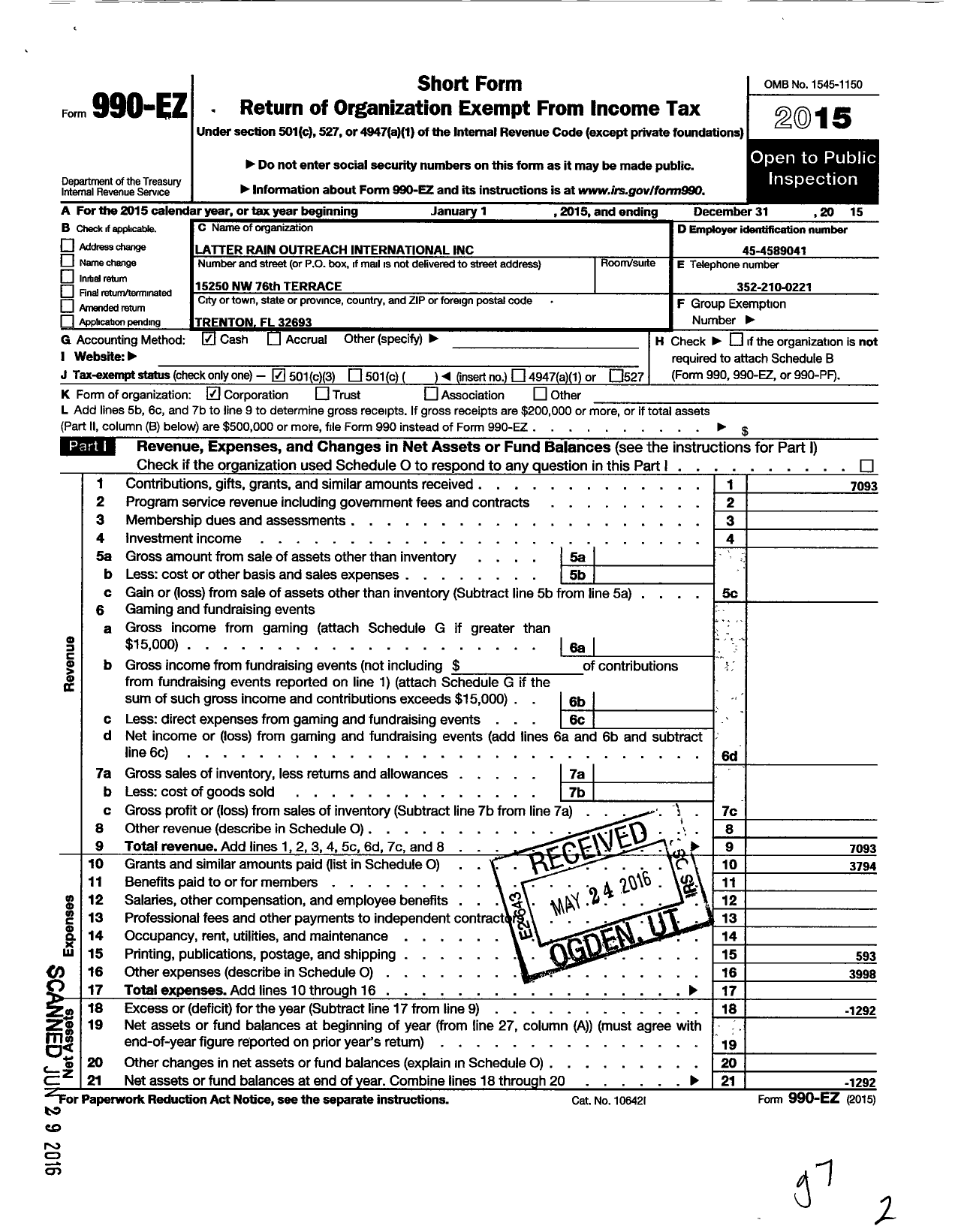 Image of first page of 2015 Form 990EZ for Latter Rain Outreach International