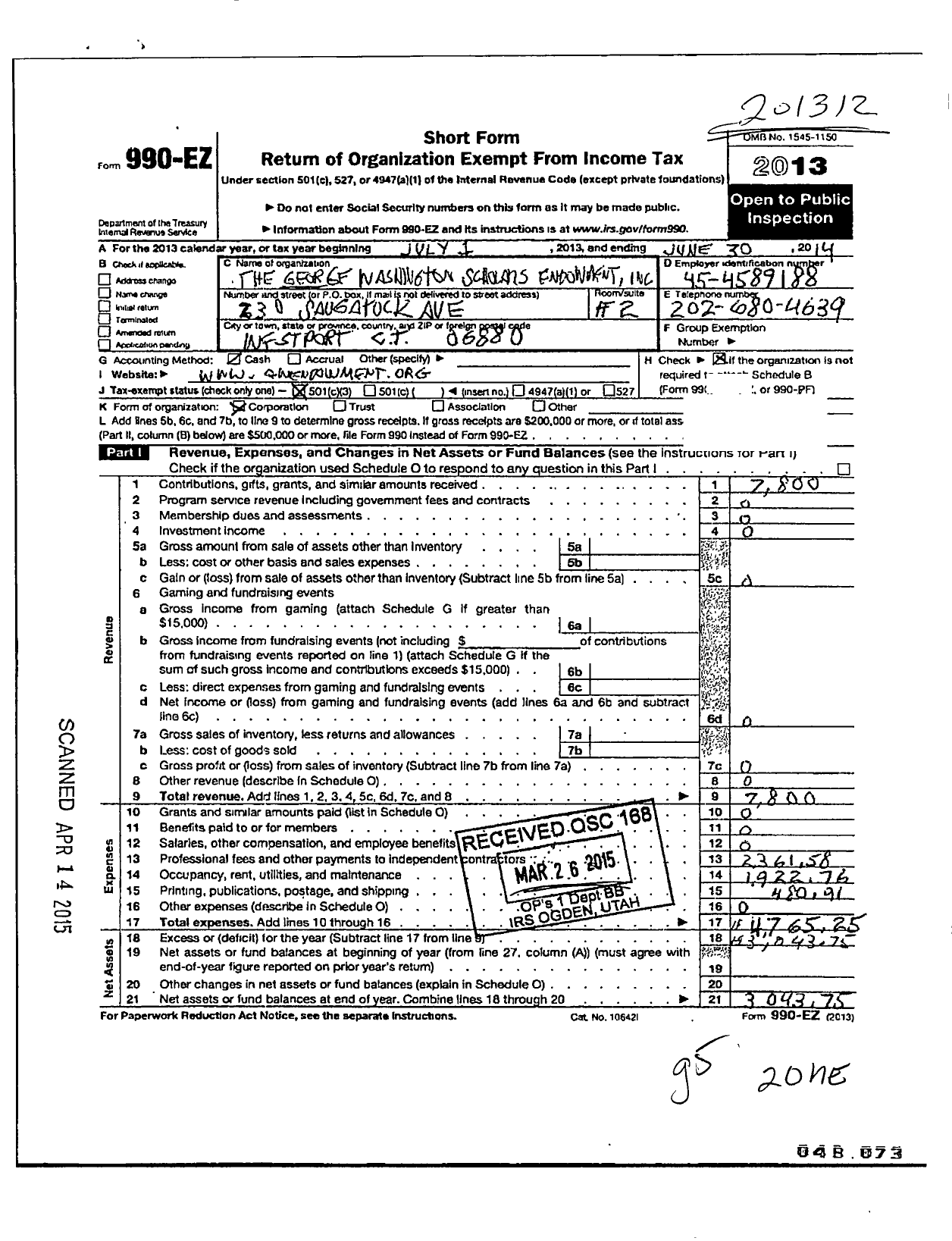 Image of first page of 2013 Form 990EZ for George Washington Scholars Endowment