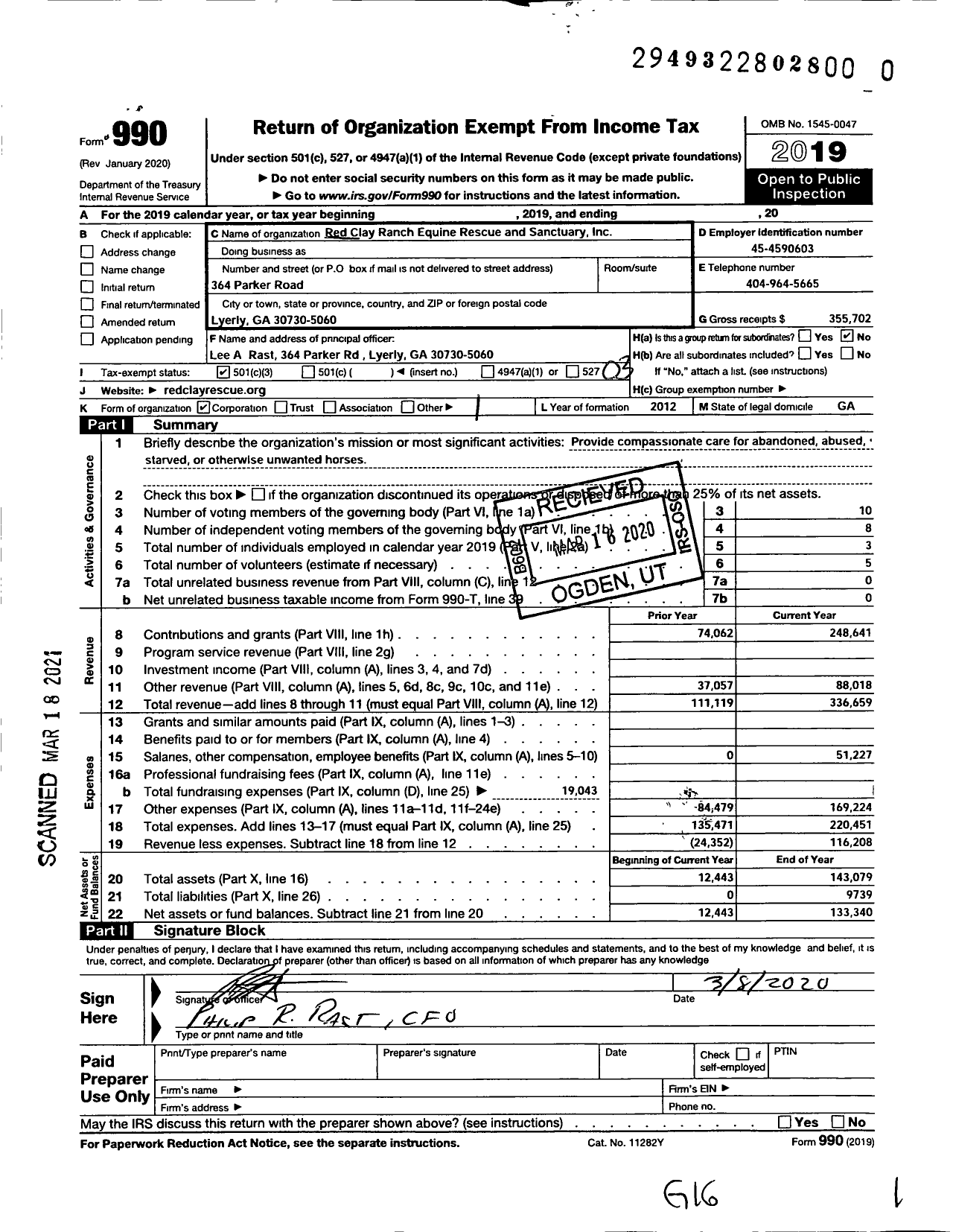 Image of first page of 2019 Form 990 for Red Clay Ranch Equine Rescue and Sanctuary