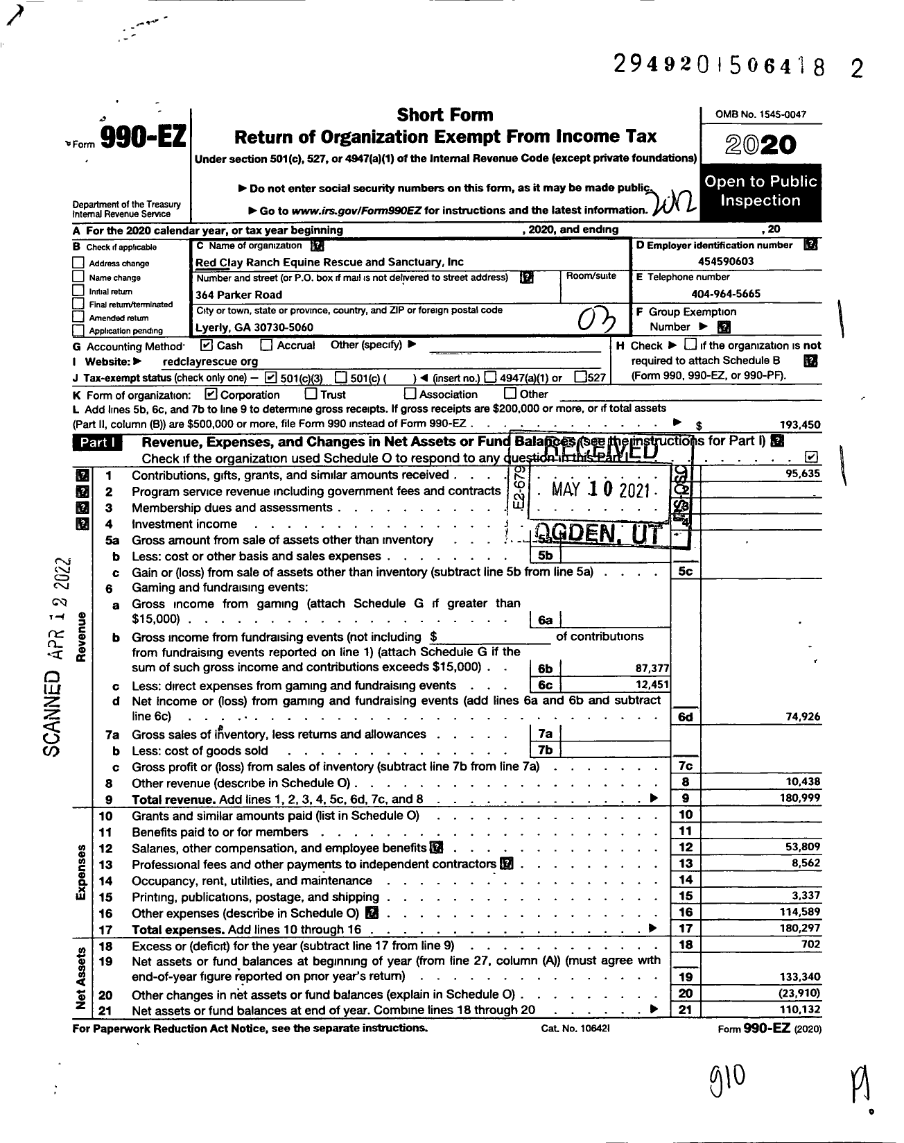 Image of first page of 2020 Form 990EZ for Red Clay Ranch Equine Rescue and Sanctuary