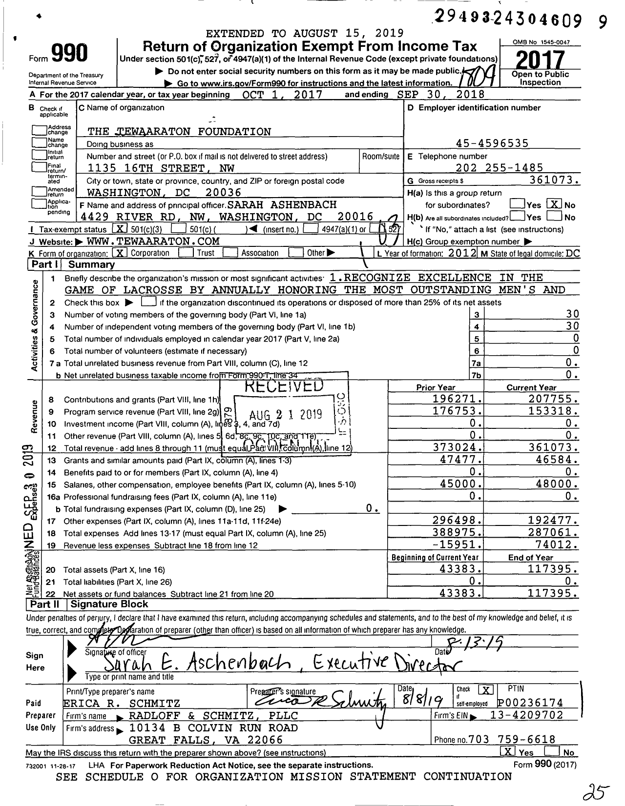 Image of first page of 2017 Form 990 for The Tewaaraton Foundation