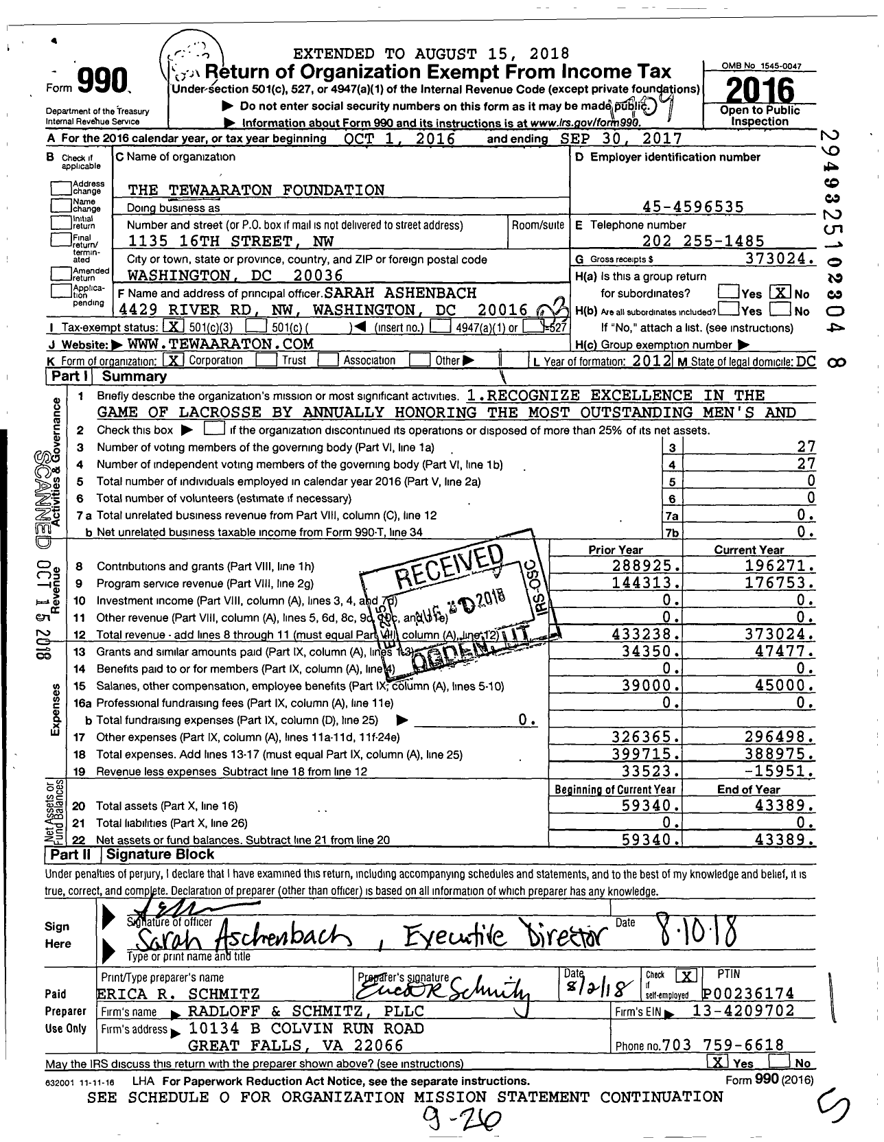 Image of first page of 2016 Form 990 for The Tewaaraton Foundation