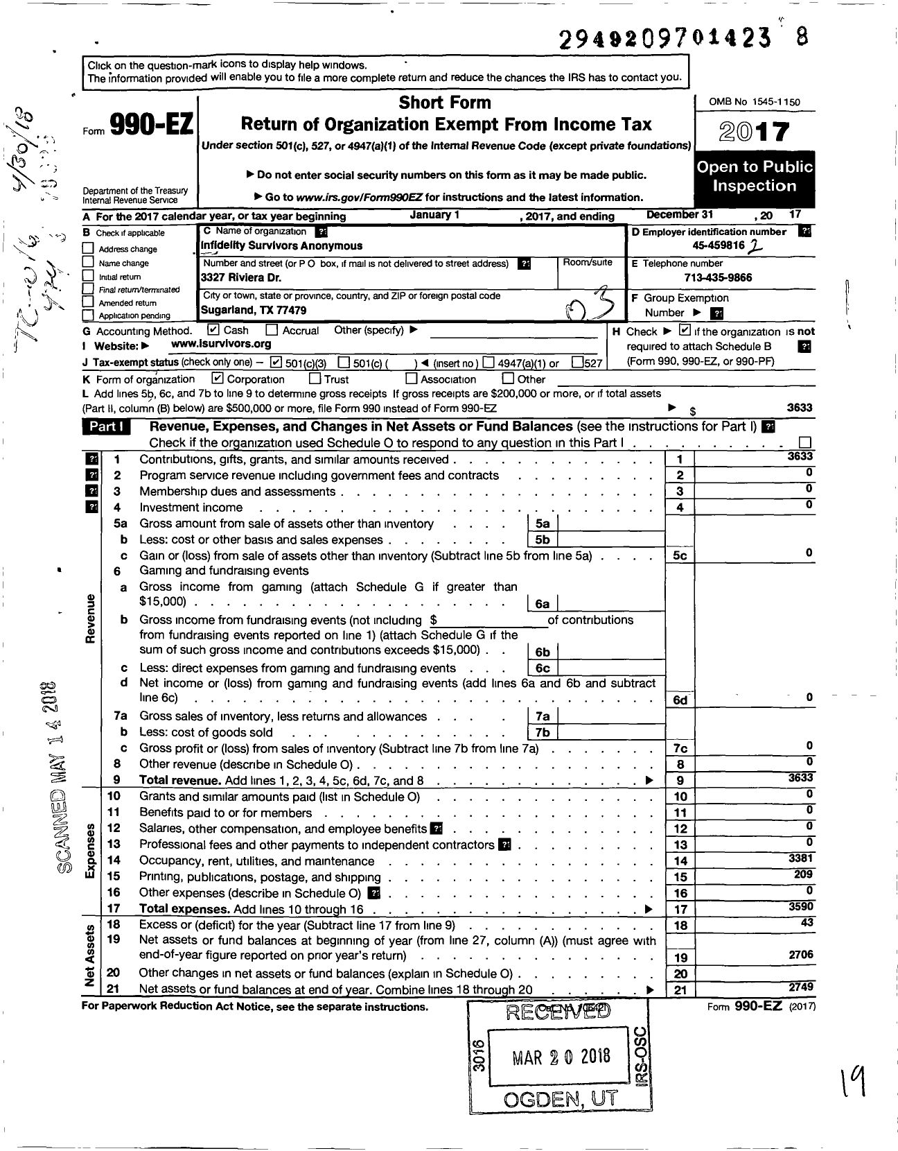 Image of first page of 2017 Form 990EZ for Infidelity Survivors Anonymous (ISA)