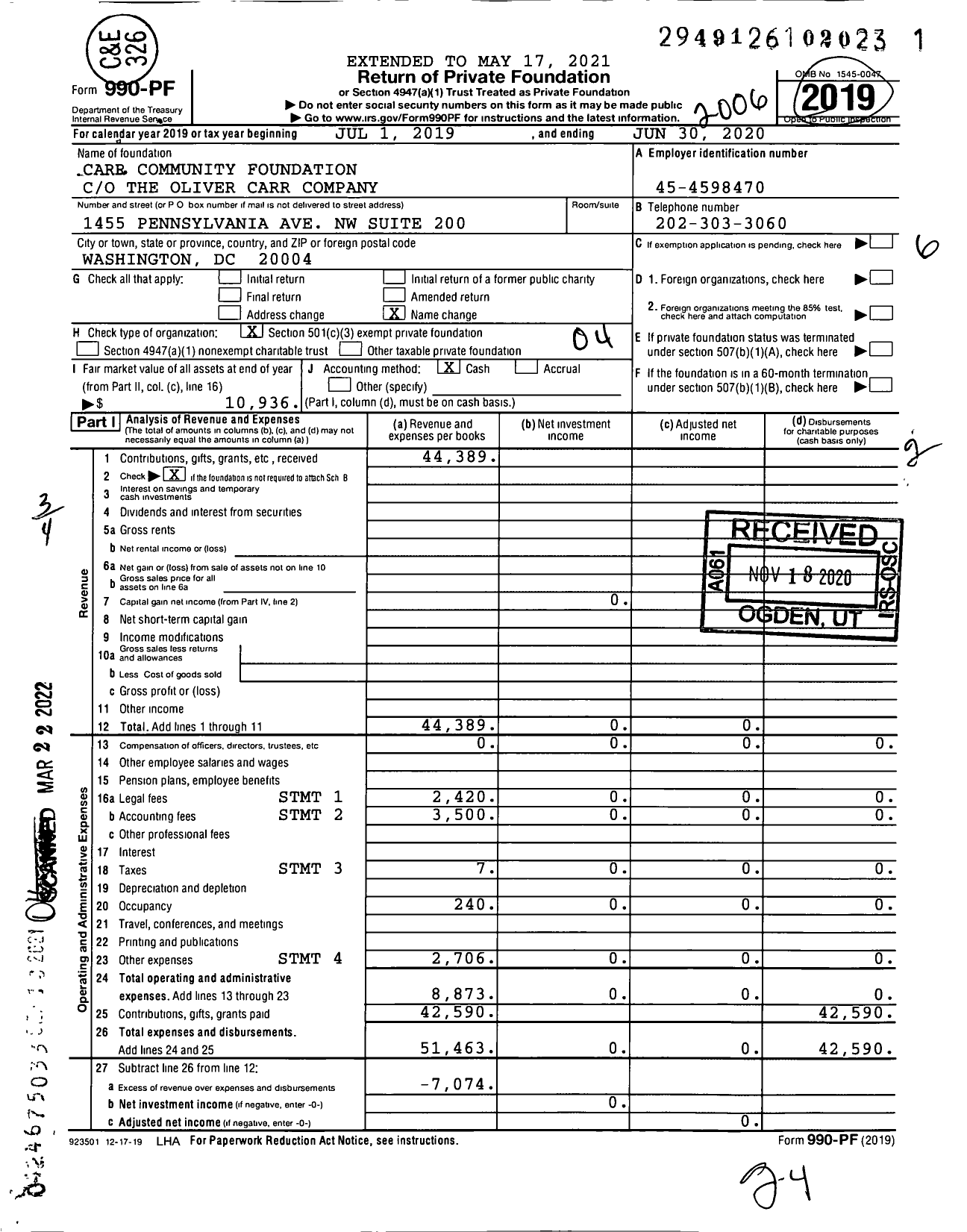 Image of first page of 2019 Form 990PF for Carr Community Foundation