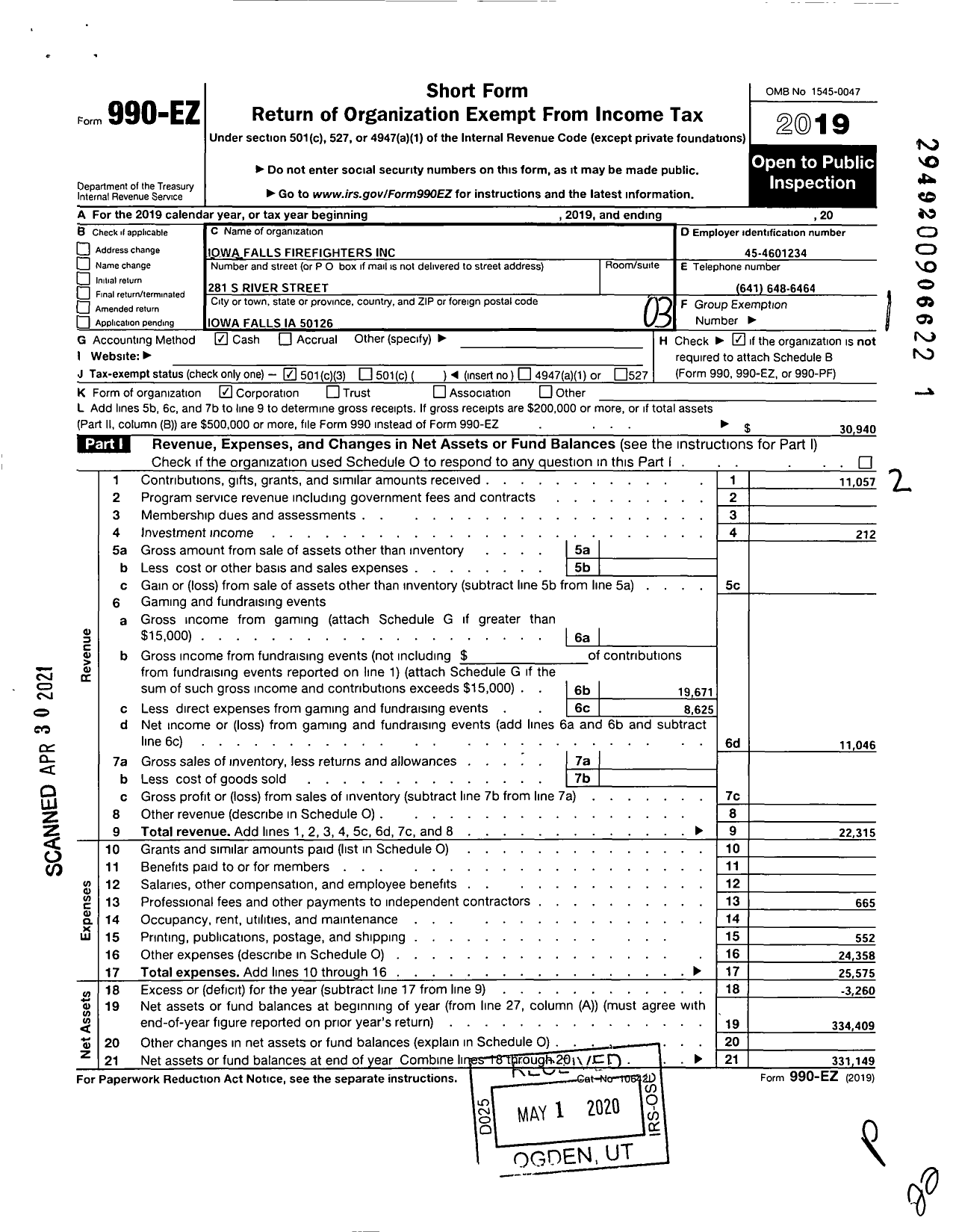 Image of first page of 2019 Form 990EZ for Iowa Falls Firefighters