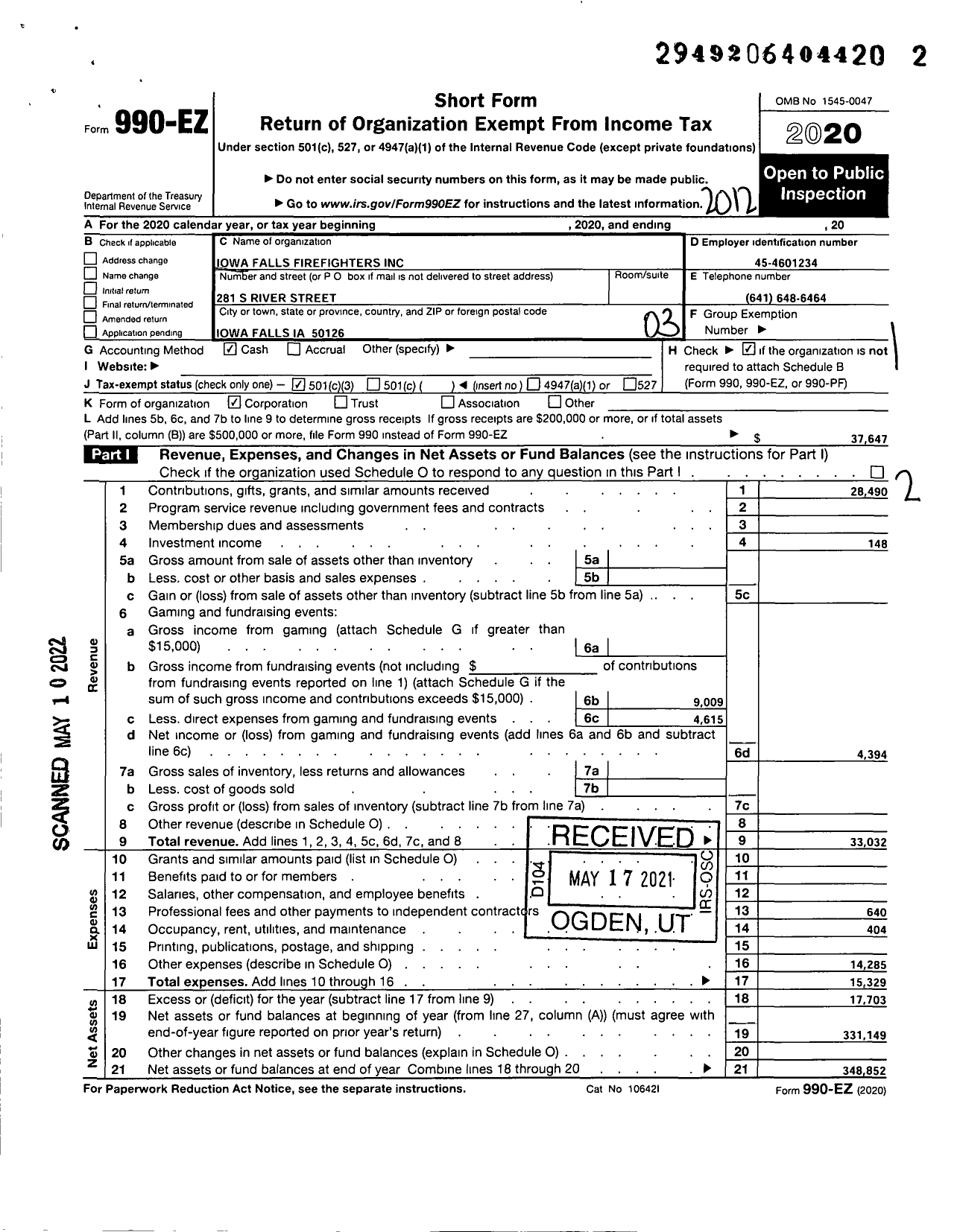 Image of first page of 2020 Form 990EZ for Iowa Falls Firefighters