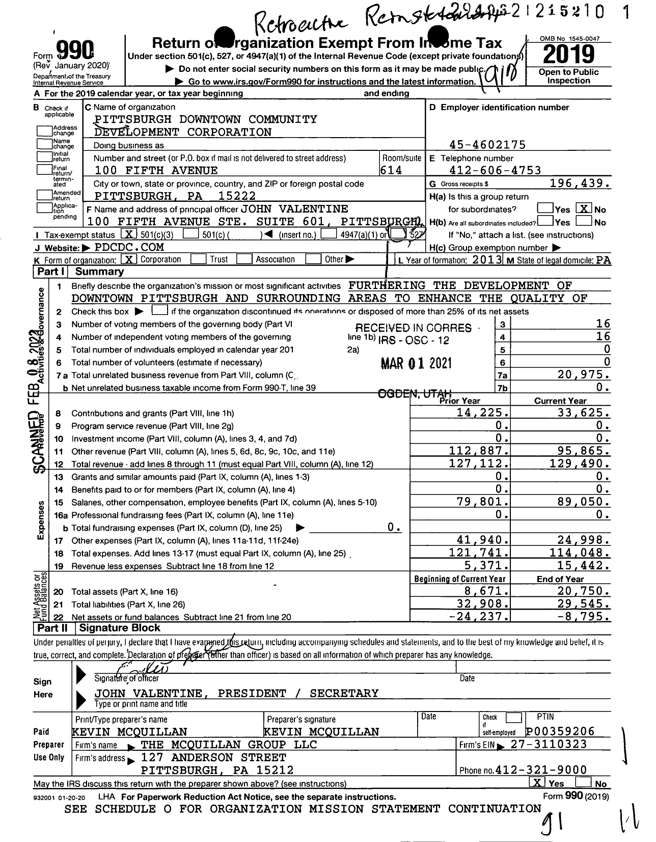 Image of first page of 2019 Form 990 for Pittsburgh Downtown Community Development Corporation