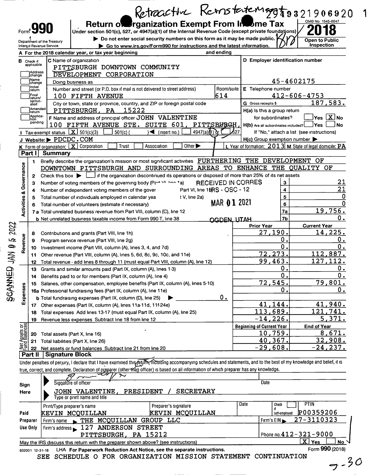 Image of first page of 2018 Form 990 for Pittsburgh Downtown Community Development Corporation