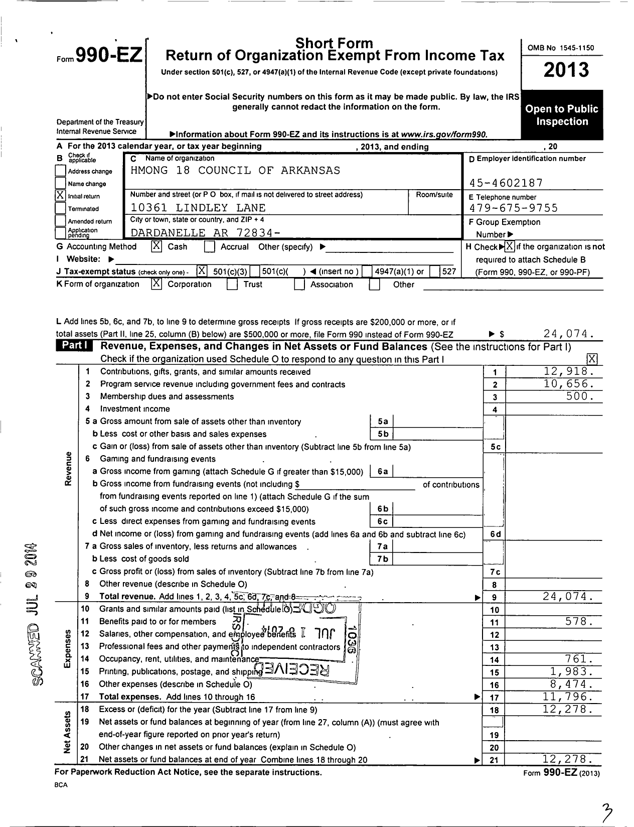 Image of first page of 2013 Form 990EZ for Hmong 18 Council of South Arkansas