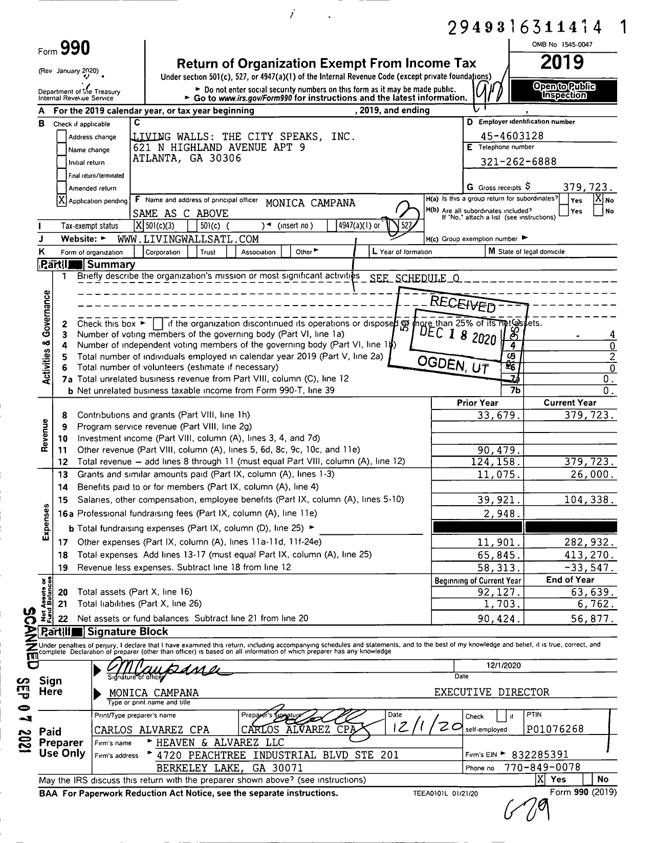 Image of first page of 2019 Form 990 for Living Walls The City Speaks