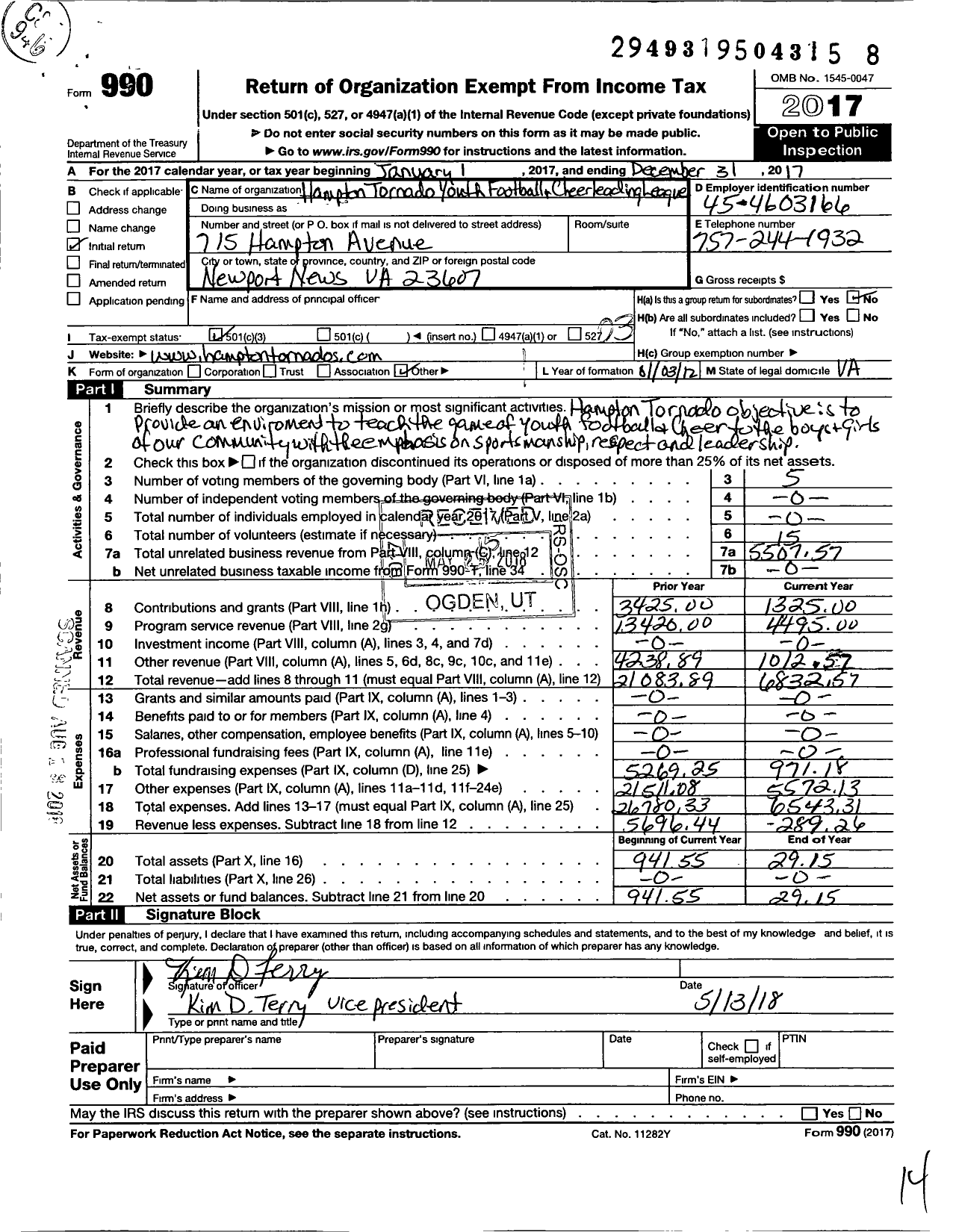 Image of first page of 2017 Form 990 for Hampton Tornado Youth Football and Cheerleading League