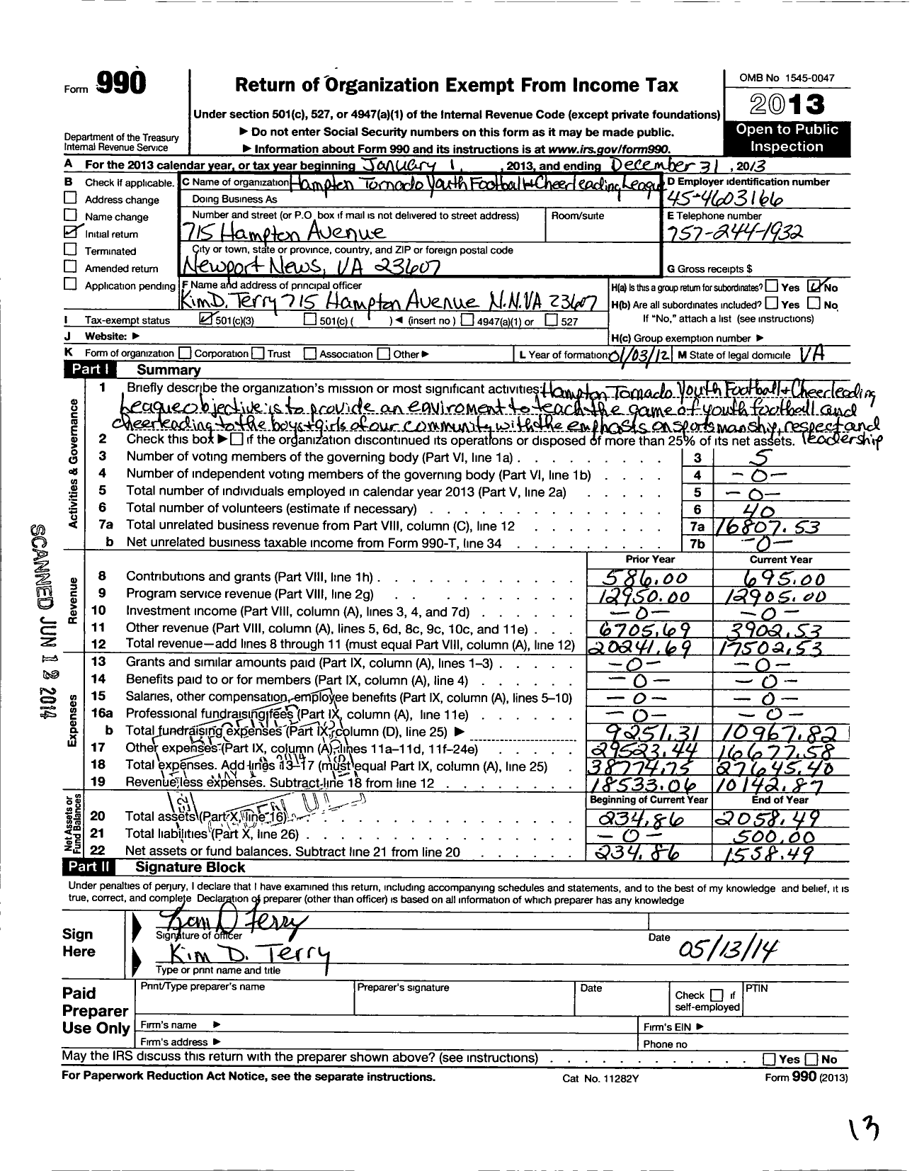 Image of first page of 2013 Form 990 for Hampton Tornado Youth Football and Cheerleading League